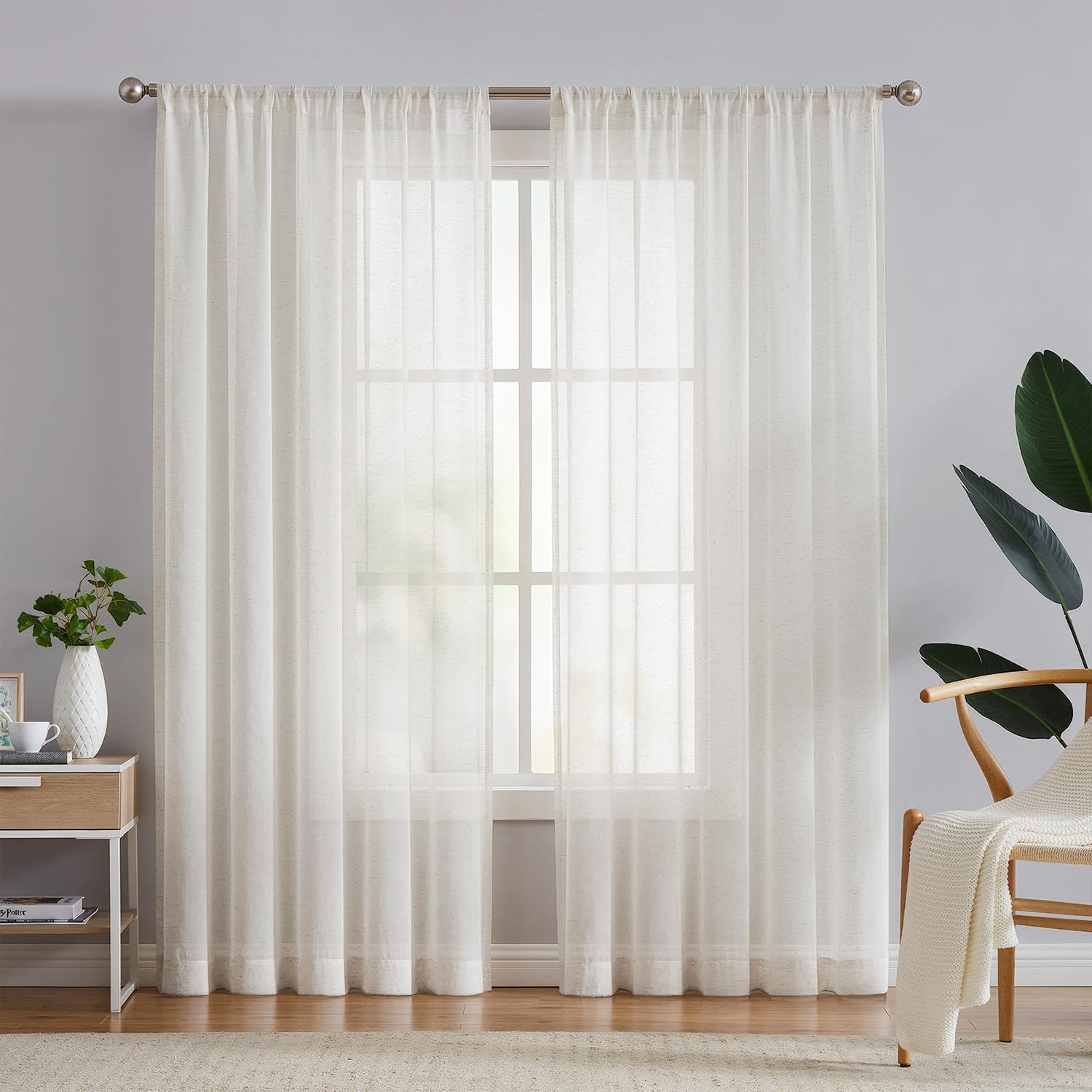 FMFUNCTEX Linen Sheer Pinch Pleated Curtains for Living Room, Linen Flax Beige 96 Inches Long Sheer Curtain Panels for Bedroom, Natural Back Tab Window Drapes for Farmhouse, Rod Pocket 2 Panels