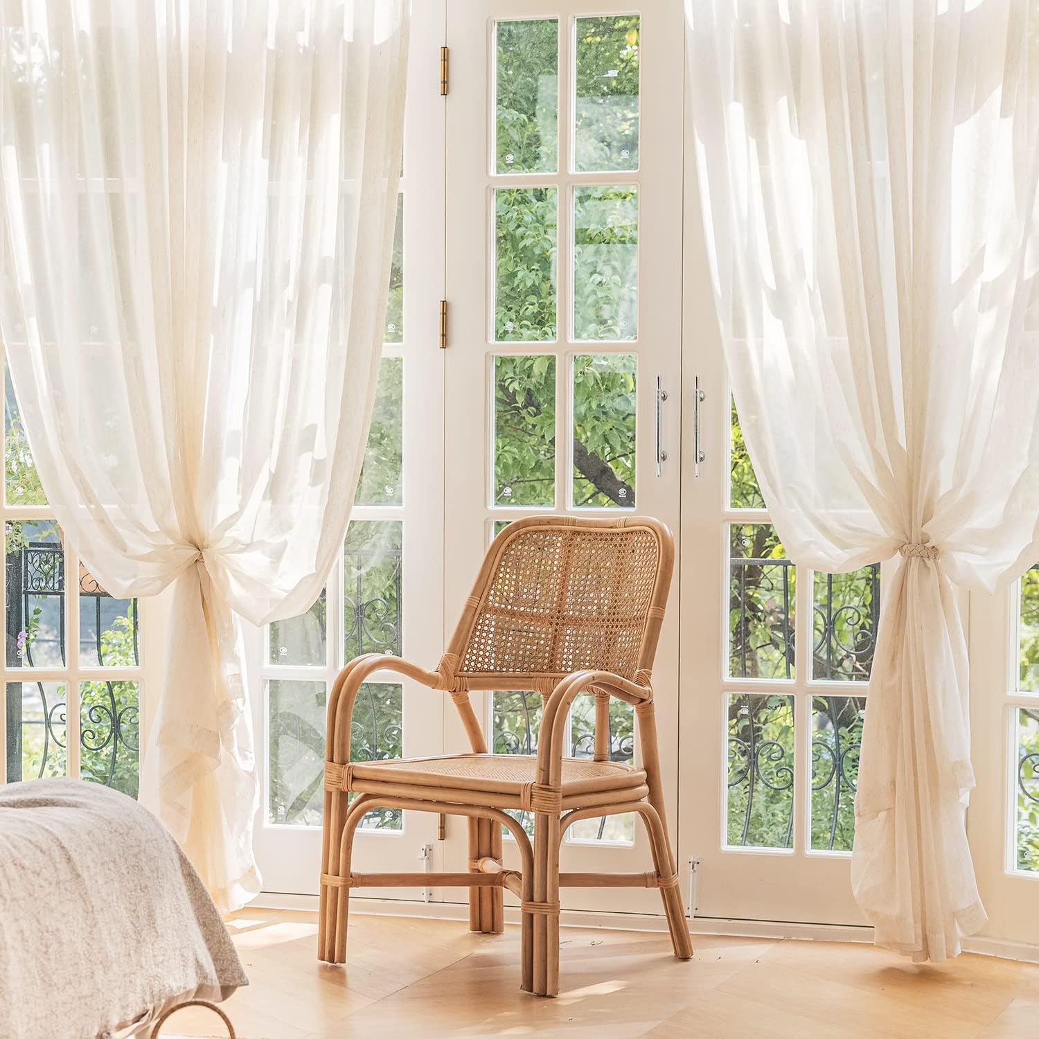 FMFUNCTEX Linen Sheer Pinch Pleated Curtains for Living Room, Linen Flax Beige 96 Inches Long Sheer Curtain Panels for Bedroom, Natural Back Tab Window Drapes for Farmhouse, Rod Pocket 2 Panels