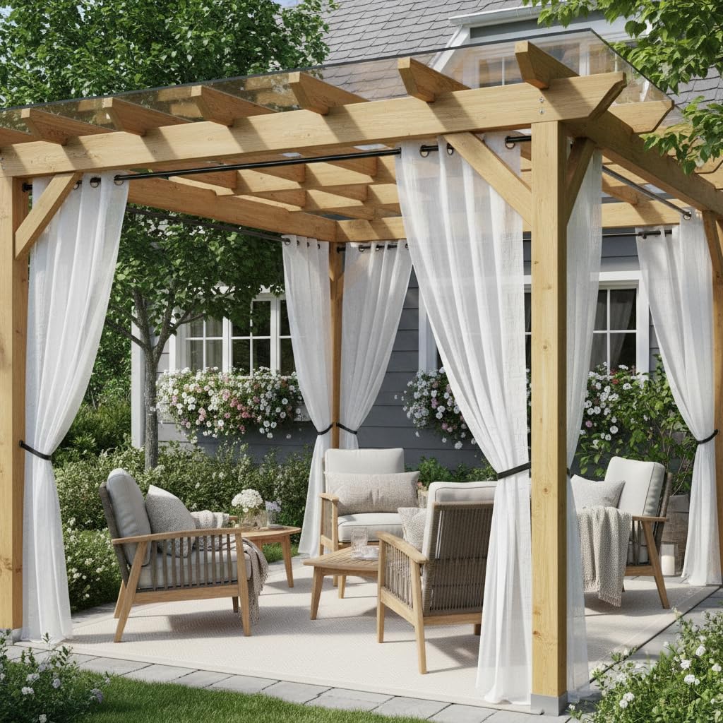 HolidayIdeas 4 Panels Outdoor Sheer Curtains for Patio Waterproof-Ivory Linen Semi Voile Indoor Sheer Curtains, Light Filtering Privacy Drapes for Living Room, Gazebo, Porch, Balcony, Pool 54"x84"