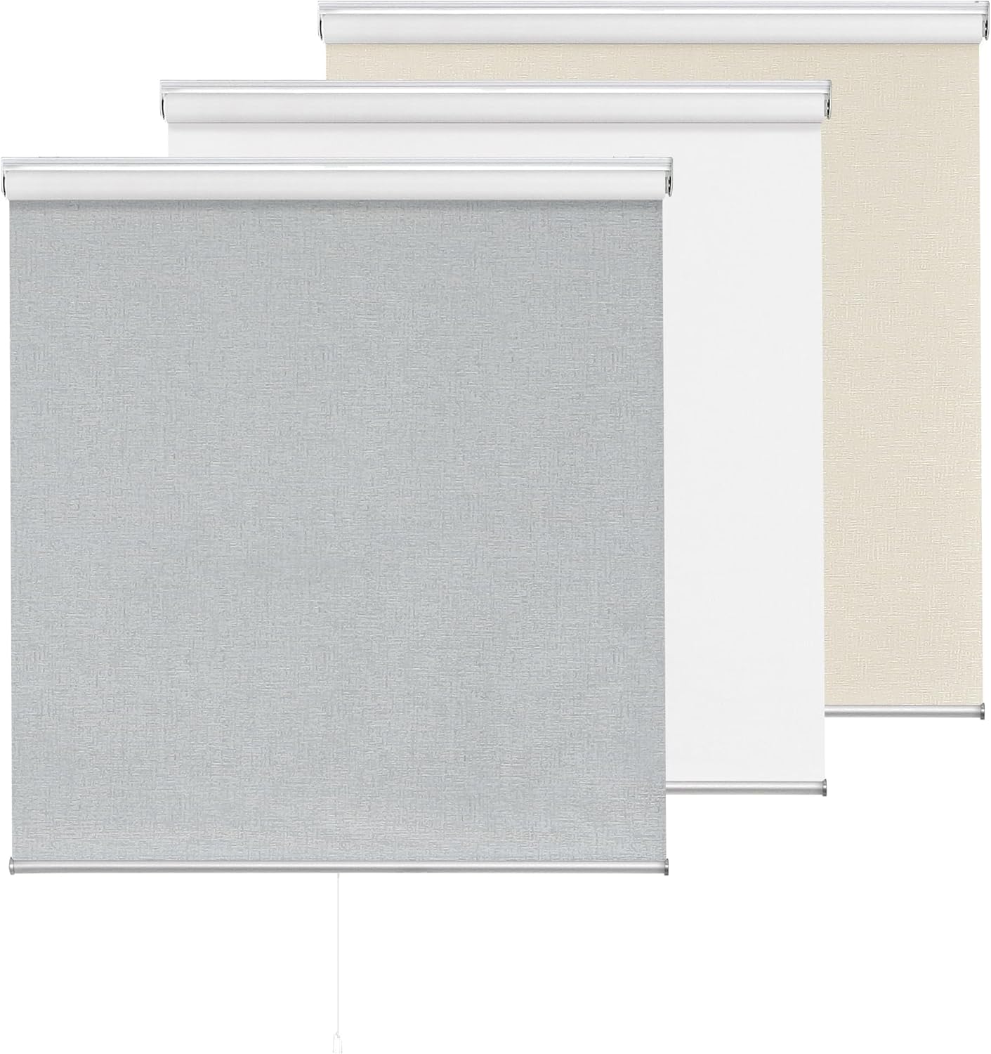 ChrisDowa Cordless 100% Blackout Roller Shade Thermal Insulated UV Protection with Striped Jacquard Fabric White Blackout Blinds for Indoor Window Shades Pull Down for Home and Office, 22" W x 72" H