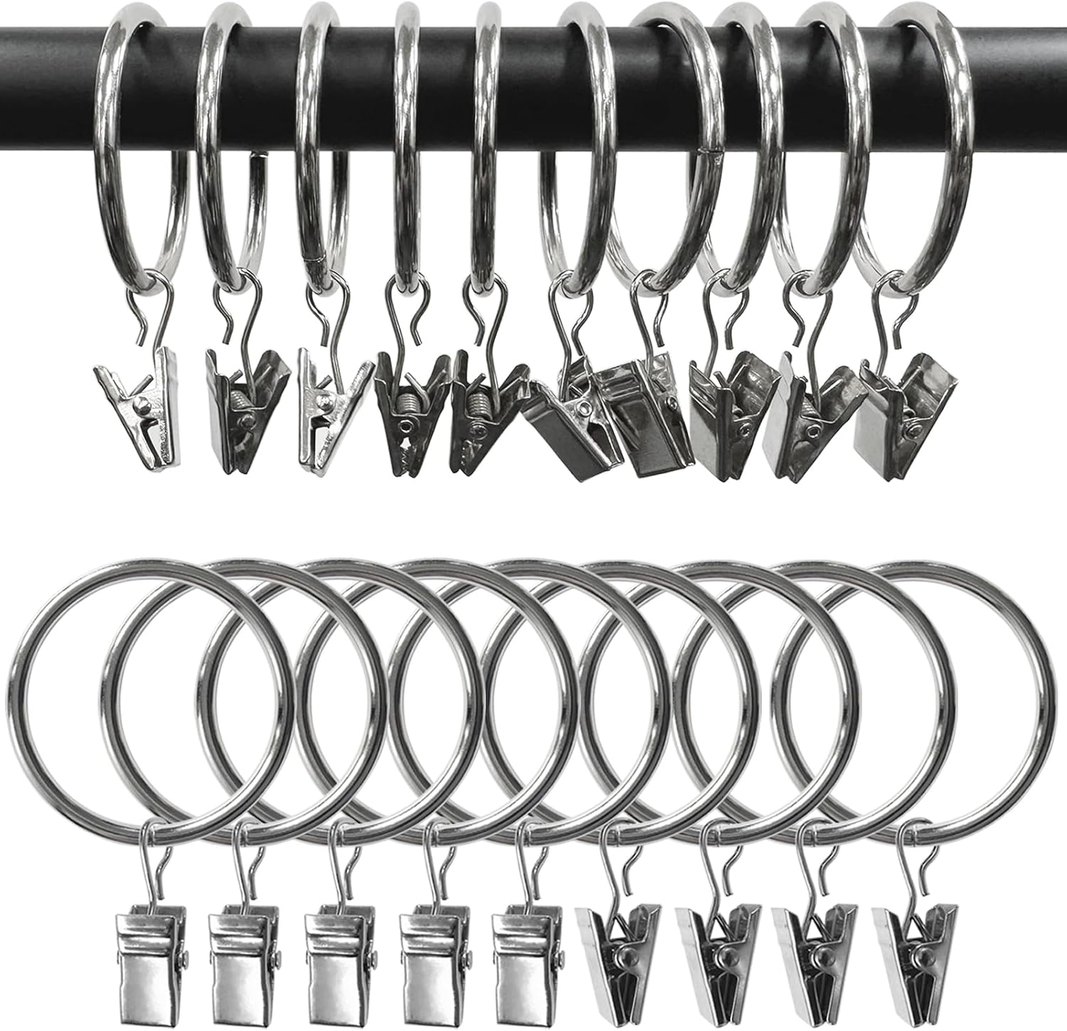 100 Pack Metal Curtain Rings with Clips, Drapery Clips Hooks, Decorative Curtain Rod Clips 1.5 in Interior Diameter, Matte Silver