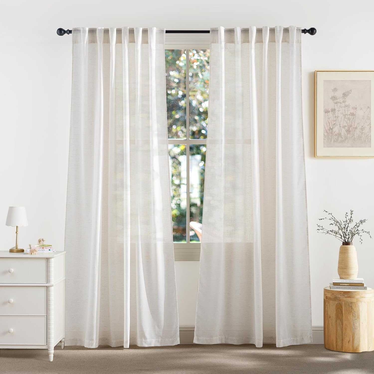 RYB HOME Linen Texture Sheer Curtains 84 inches, Rustic Style Solid Semi Sheer Half Privacy Drapes for Farmhouse Dorm Office Dining, Linen, W 70 x L 84 inches, Set of 2
