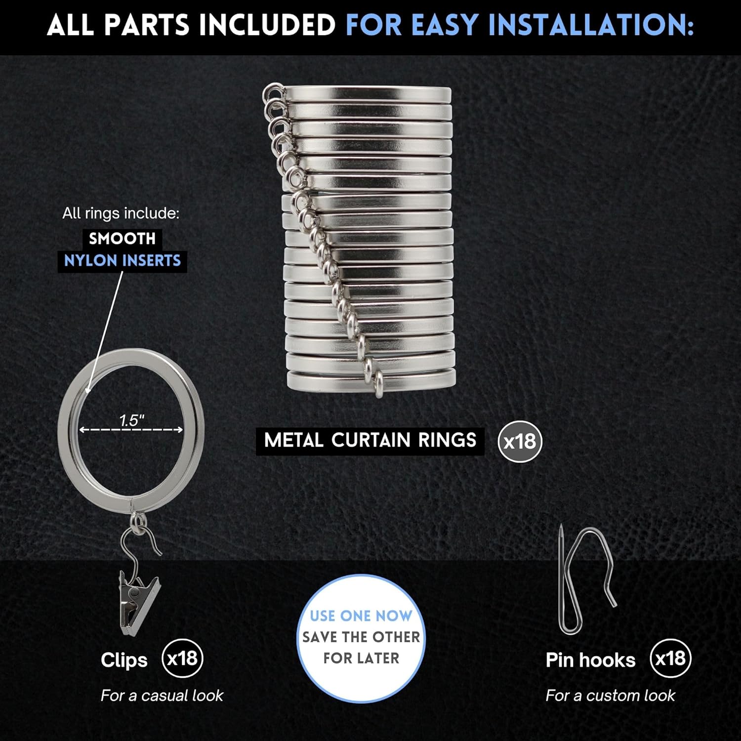 BlastHome® Luxury Curtain Rings – Premium Metal with Quiet, Smooth Nylon Inserts – Pinhooks and Clips Included – 1 1/2" Inside Diameter – 18 Rings for Two Standard Curtains– Brushed Nickel