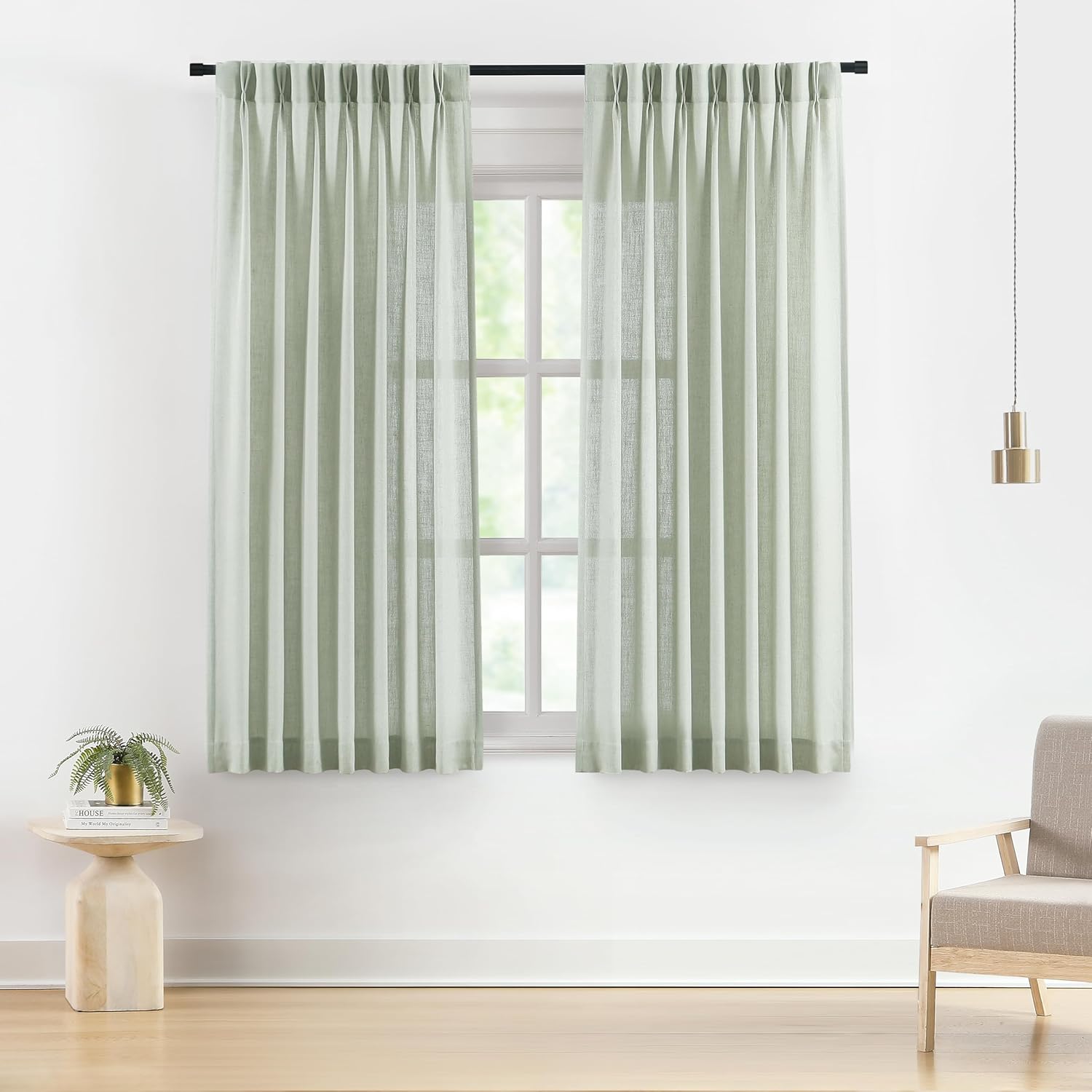 Vision Home Natural Pinch Pleated Semi Sheer Curtains Textured Linen Blended Light Filtering Window Curtains 84 inch for Living Room Bedroom Pinch Pleat Drapes with Hooks 2 Panels 42" Wx84 L