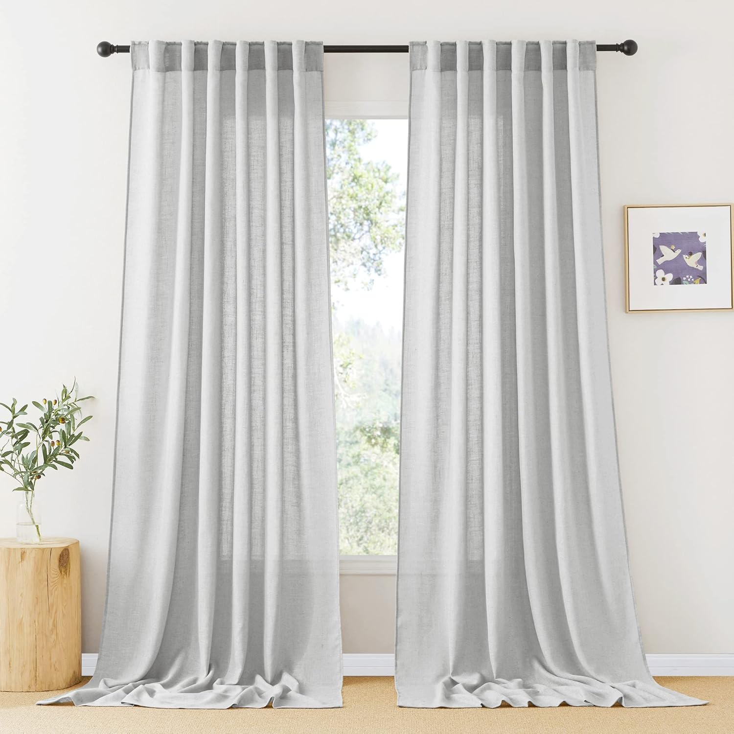 RYB HOME Linen Texture Sheer Curtains 84 inches, Rustic Style Solid Semi Sheer Half Privacy Drapes for Farmhouse Dorm Office Dining, Linen, W 70 x L 84 inches, Set of 2