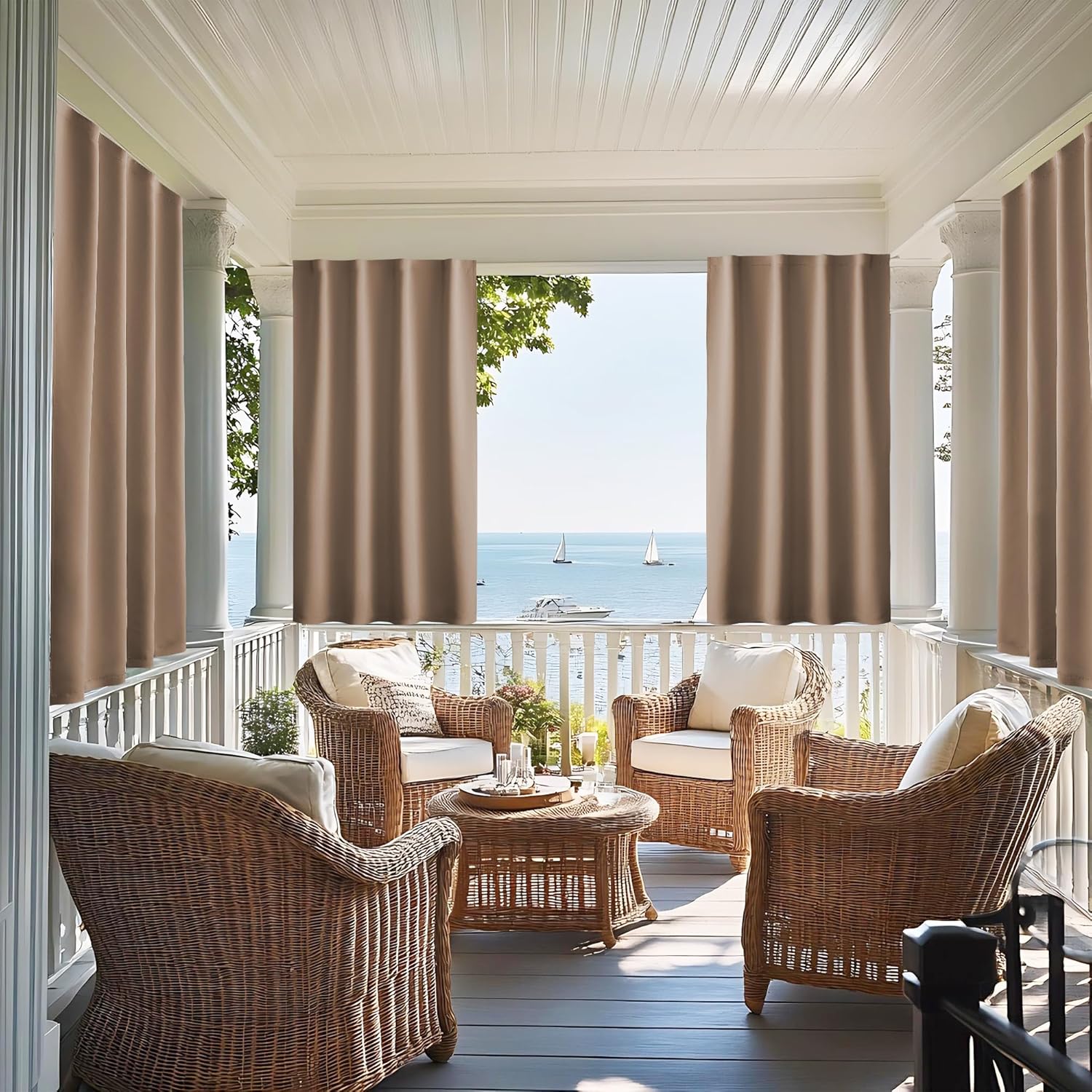 NICETOWN 100% Blackout Outdoor Curtains for Patio 2 Panels, Faux Linen Waterproof & Windproof Gazebo Curtains with Sticky-Back Top & Back Tab Bottom, Includes Straps, Rope, Screws, W52 xL96, Grey