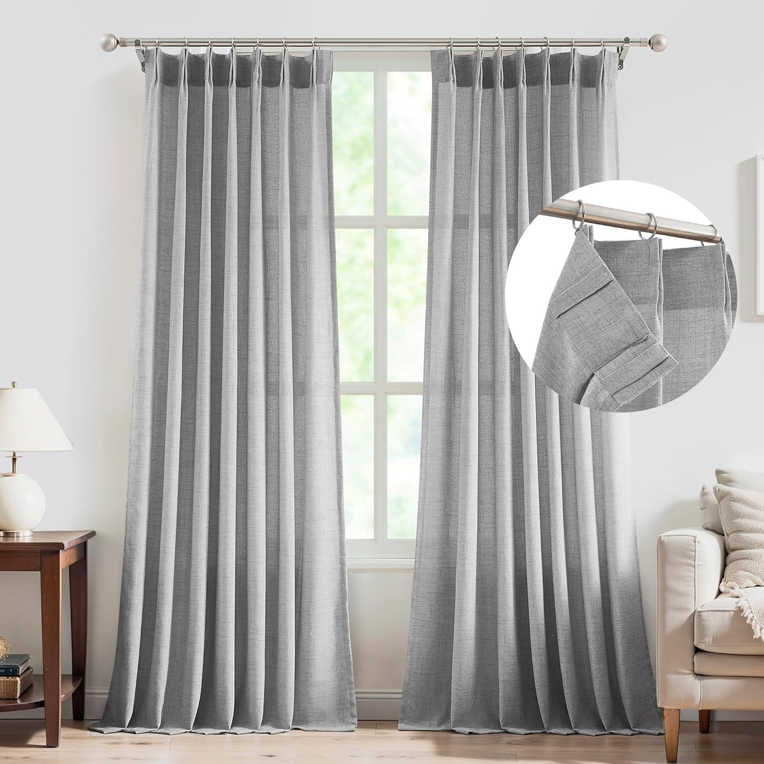 FMFUNCTEX Linen Sheer Pinch Pleated Curtains for Living Room, Linen Flax Beige 96 Inches Long Sheer Curtain Panels for Bedroom, Natural Back Tab Window Drapes for Farmhouse, Rod Pocket 2 Panels