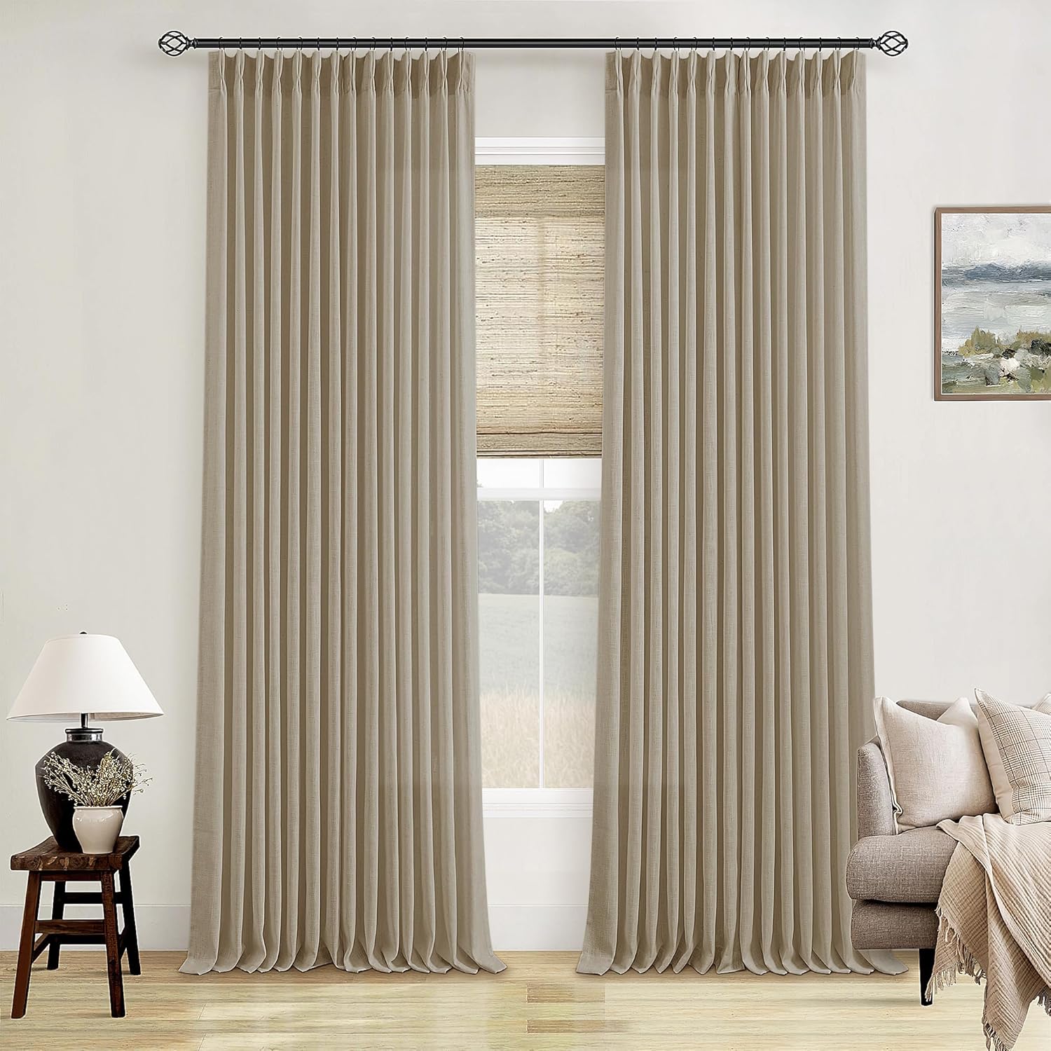 Natural Pinch Pleated Linen Curtains 84 Inch Length 2 Panels for Living Room Bedroom Textured Cream Ivory Birch Semi Sheer Boho Neutral Back Tab Pinch Pleat Hooks Rings Window Curtain 84 Inches Long