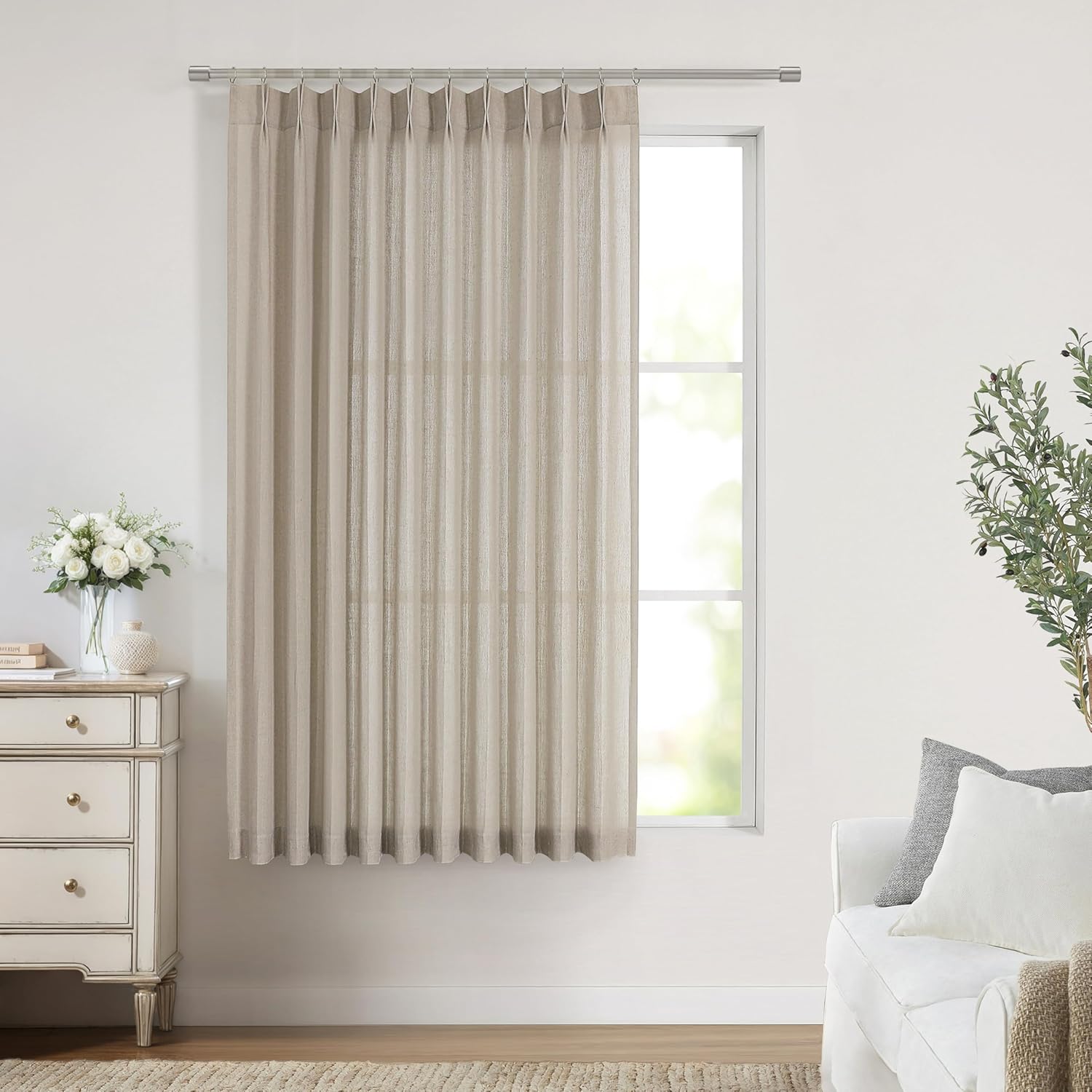 Vision Home Natural Pinch Pleated Semi Sheer Curtains Textured Linen Blended Light Filtering Window Curtains 84 inch for Living Room Bedroom Pinch Pleat Drapes with Hooks 2 Panels 42" Wx84 L