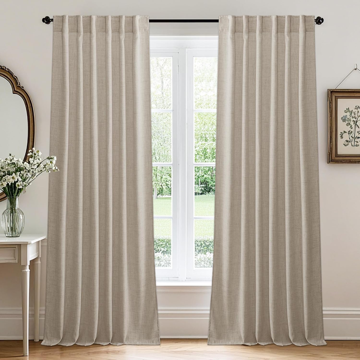 RYB HOME Linen Texture Sheer Curtains 84 inches, Rustic Style Solid Semi Sheer Half Privacy Drapes for Farmhouse Dorm Office Dining, Linen, W 70 x L 84 inches, Set of 2