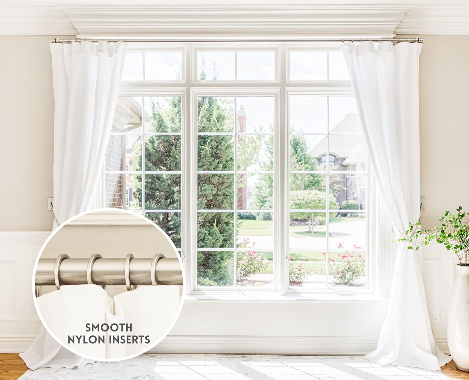 BlastHome® Luxury Curtain Rings – Premium Metal with Quiet, Smooth Nylon Inserts – Pinhooks and Clips Included – 1 1/2" Inside Diameter – 18 Rings for Two Standard Curtains– Brushed Nickel