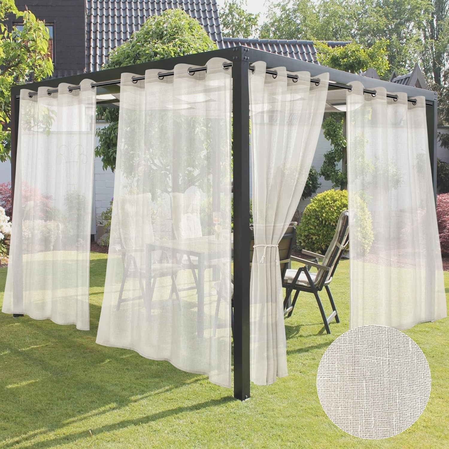 HolidayIdeas 4 Panels Outdoor Curtains for Patio-Linen Semi White Sheer Curtains for Patio Waterproof, Privacy Sun Light Indoor Outside Drapes for Gazebo, Pergola, Balcony, Pool, Backyard 54x95 Inch