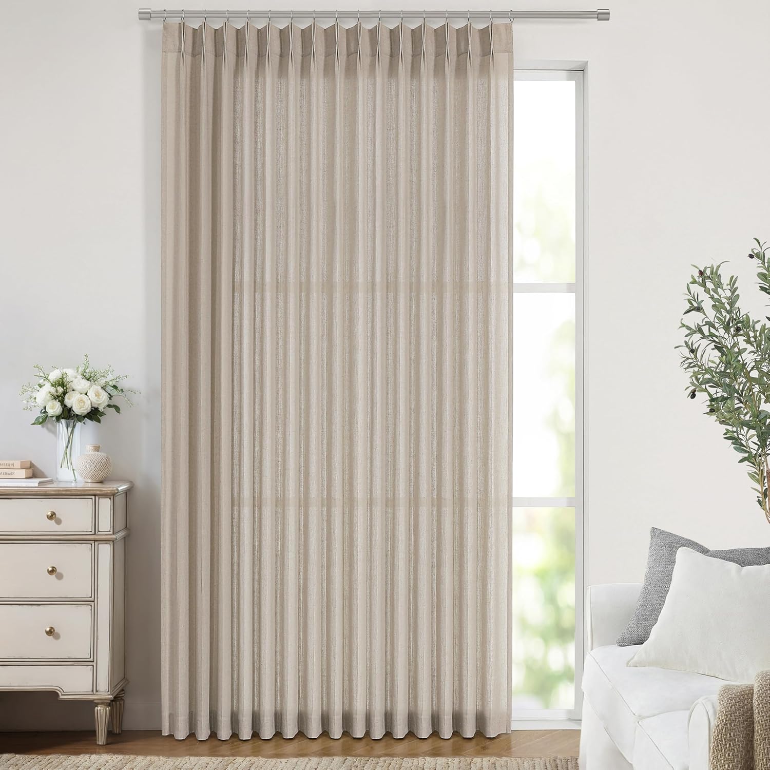 Vision Home Natural Pinch Pleated Semi Sheer Curtains Textured Linen Blended Light Filtering Window Curtains 84 inch for Living Room Bedroom Pinch Pleat Drapes with Hooks 2 Panels 42" Wx84 L