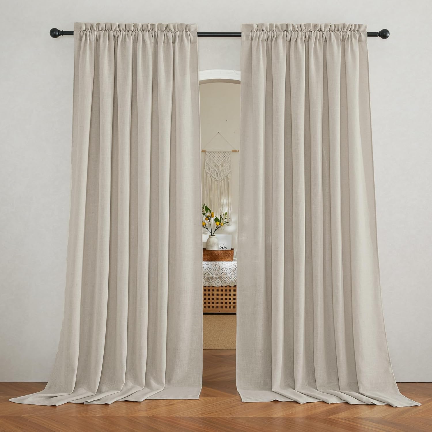 RYB HOME Linen Texture Sheer Curtains 84 inches, Rustic Style Solid Semi Sheer Half Privacy Drapes for Farmhouse Dorm Office Dining, Linen, W 70 x L 84 inches, Set of 2