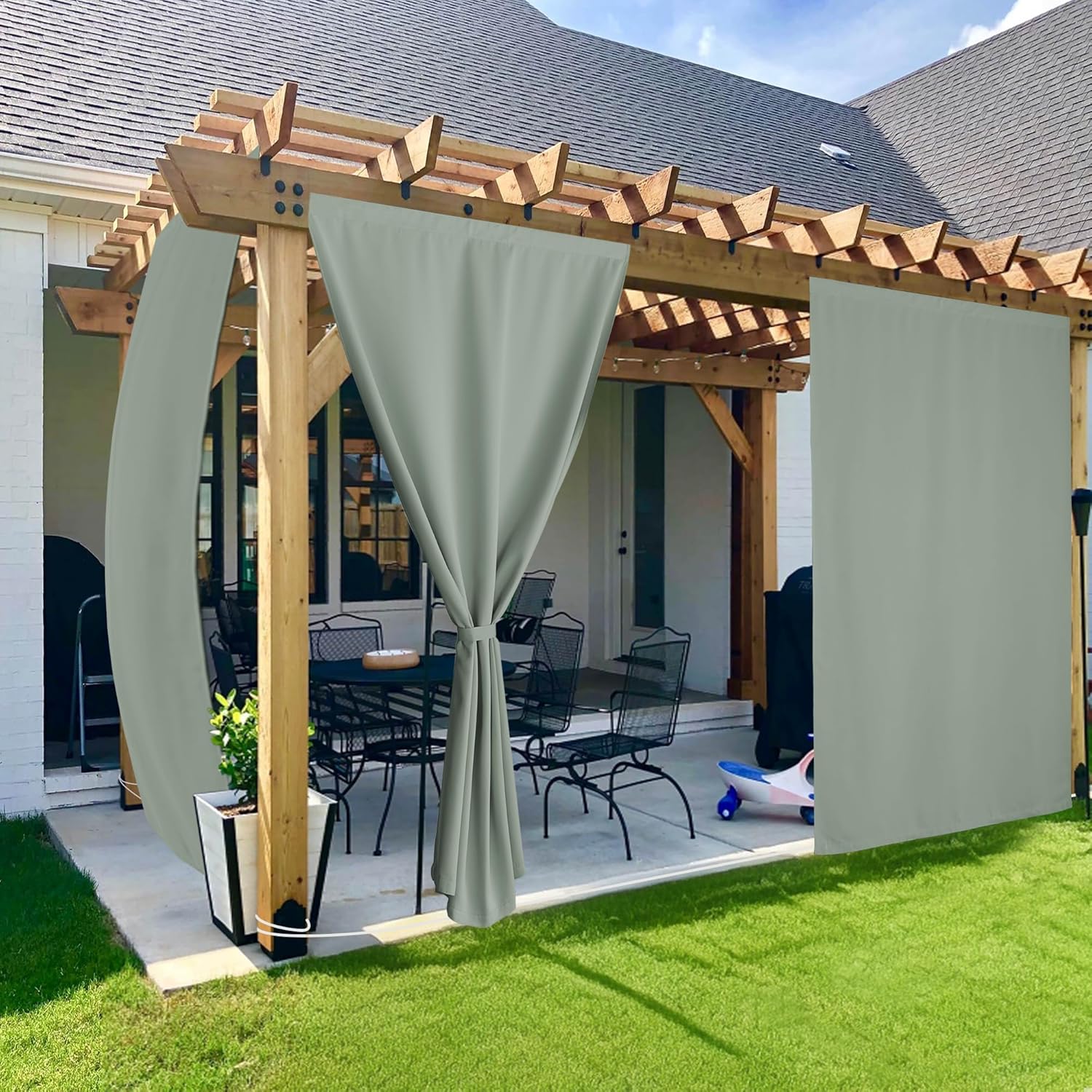 NICETOWN 100% Blackout Outdoor Curtains for Patio 2 Panels, Faux Linen Waterproof & Windproof Gazebo Curtains with Sticky-Back Top & Back Tab Bottom, Includes Straps, Rope, Screws, W52 xL96, Grey