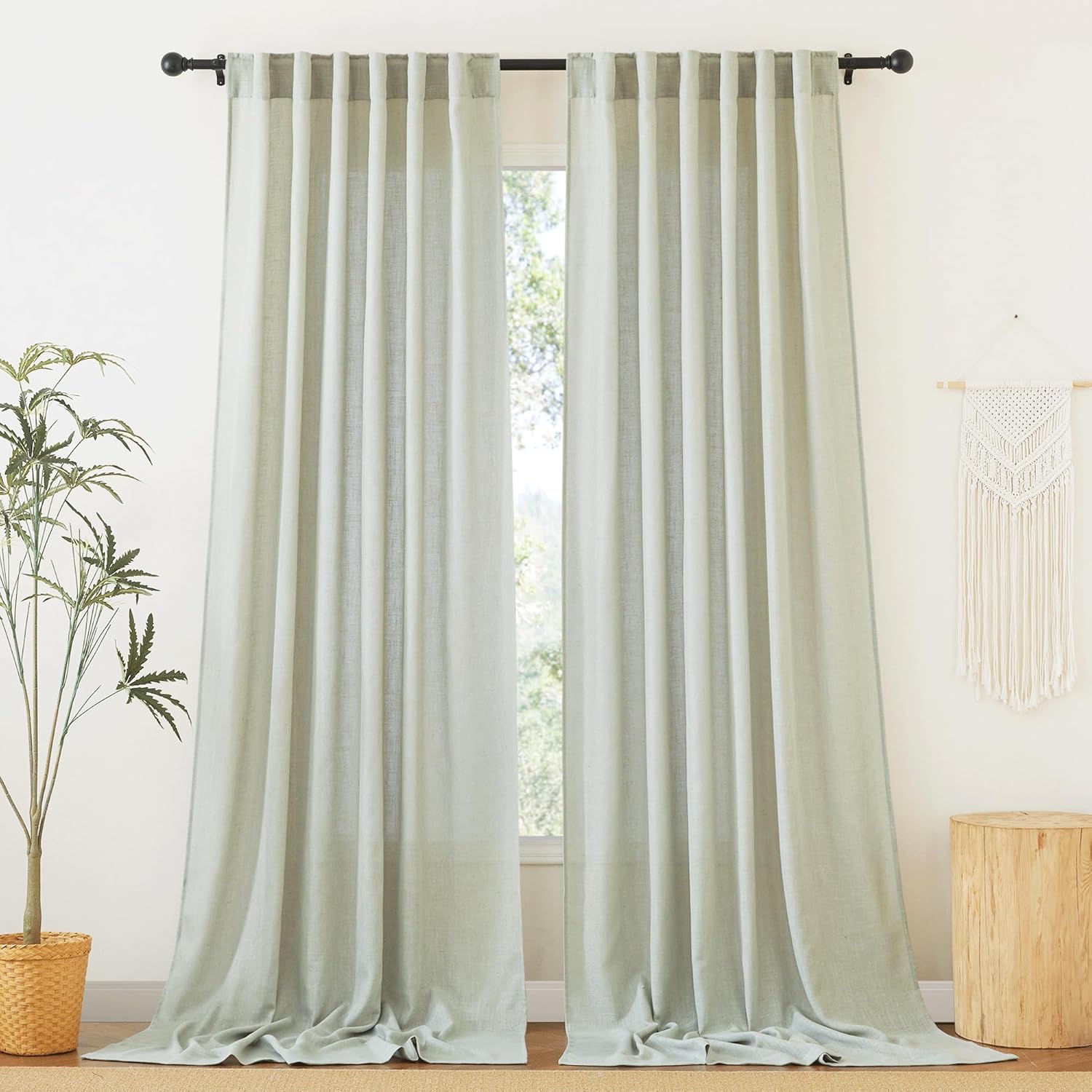 RYB HOME Linen Texture Sheer Curtains 84 inches, Rustic Style Solid Semi Sheer Half Privacy Drapes for Farmhouse Dorm Office Dining, Linen, W 70 x L 84 inches, Set of 2