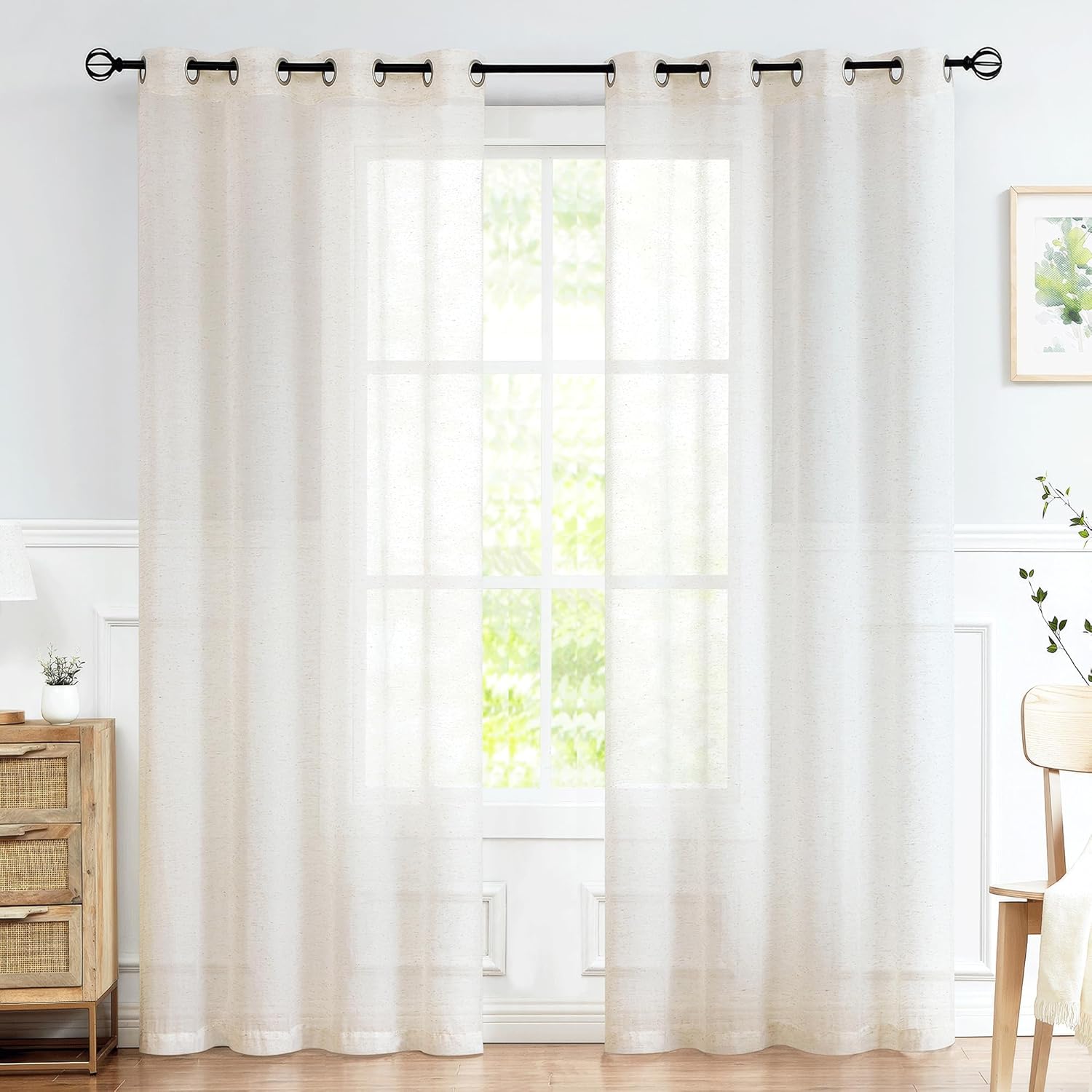 FMFUNCTEX Linen Sheer Pinch Pleated Curtains for Living Room, Linen Flax Beige 96 Inches Long Sheer Curtain Panels for Bedroom, Natural Back Tab Window Drapes for Farmhouse, Rod Pocket 2 Panels