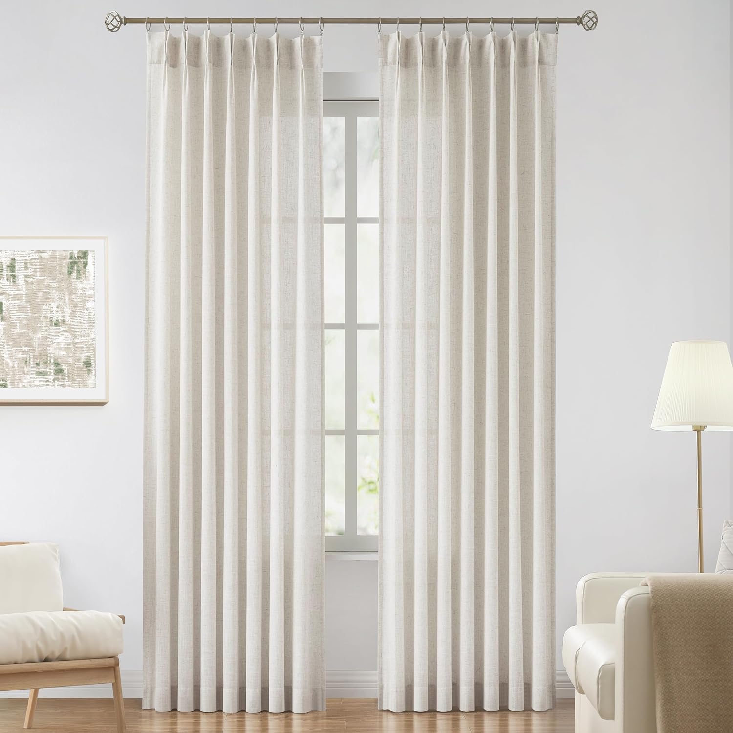 Vision Home Natural Pinch Pleated Semi Sheer Curtains Textured Linen Blended Light Filtering Window Curtains 84 inch for Living Room Bedroom Pinch Pleat Drapes with Hooks 2 Panels 42" Wx84 L