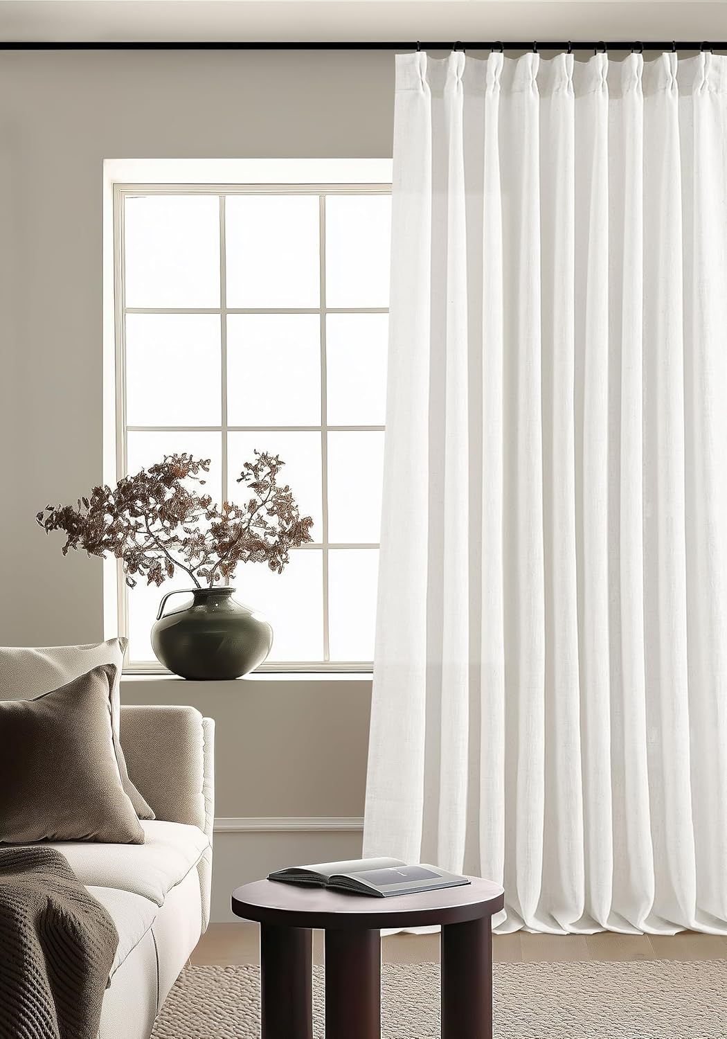 Natural Pinch Pleated Linen Curtains 84 Inch Length 2 Panels for Living Room Bedroom Textured Cream Ivory Birch Semi Sheer Boho Neutral Back Tab Pinch Pleat Hooks Rings Window Curtain 84 Inches Long