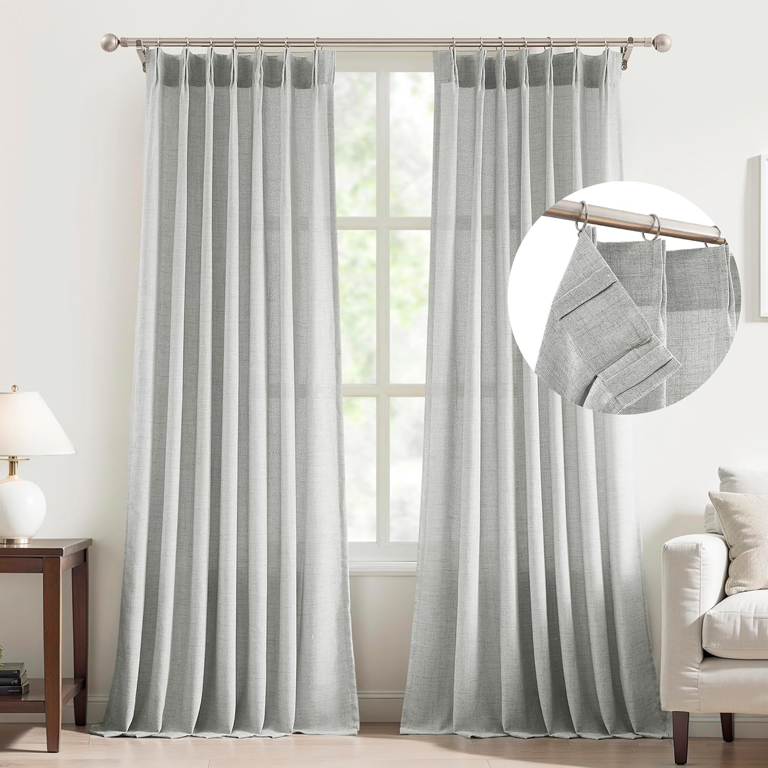 FMFUNCTEX Linen Sheer Pinch Pleated Curtains for Living Room, Linen Flax Beige 96 Inches Long Sheer Curtain Panels for Bedroom, Natural Back Tab Window Drapes for Farmhouse, Rod Pocket 2 Panels