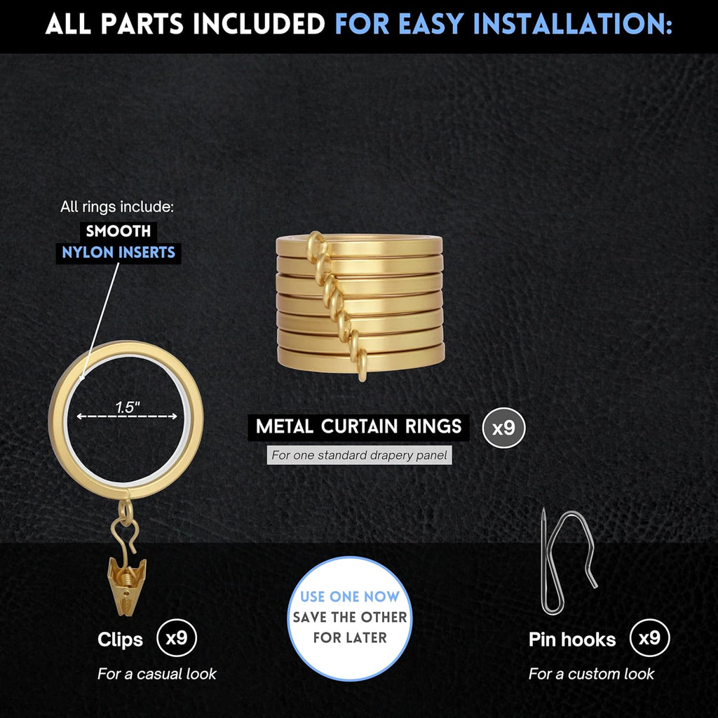BlastHome® Luxury Curtain Rings - Premium Metal with Quiet, Smooth Nylon Inserts - Pinhooks and Clips Included - 1 1/2" Inside Diameter - 9 Rings for One Standard Curtain - Brushed Gold