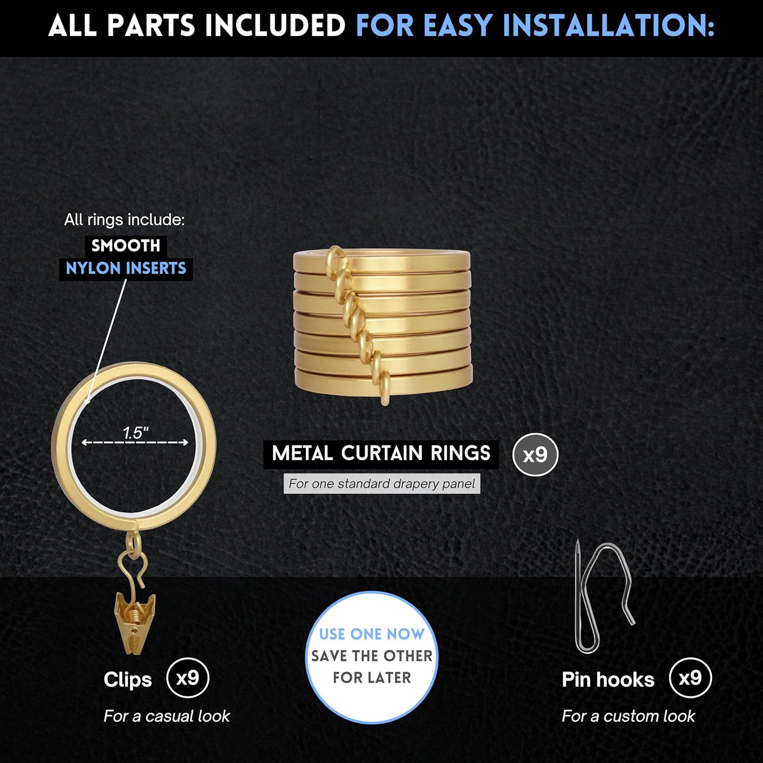 BlastHome® Luxury Curtain Rings - Premium Metal with Quiet, Smooth Nylon Inserts - Pinhooks and Clips Included - 1 1/2" Inside Diameter - 9 Rings for One Standard Curtain - Brushed Gold