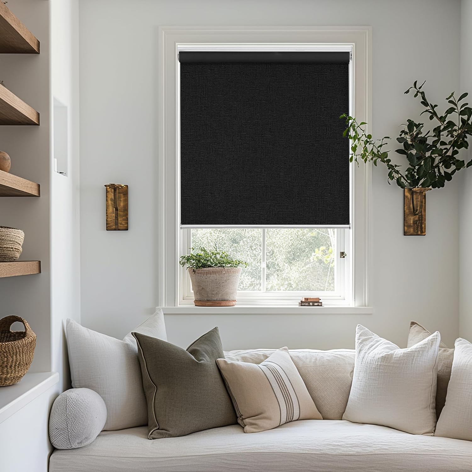 ChrisDowa Cordless 100% Blackout Roller Shade Thermal Insulated UV Protection with Striped Jacquard Fabric White Blackout Blinds for Indoor Window Shades Pull Down for Home and Office, 22" W x 72" H