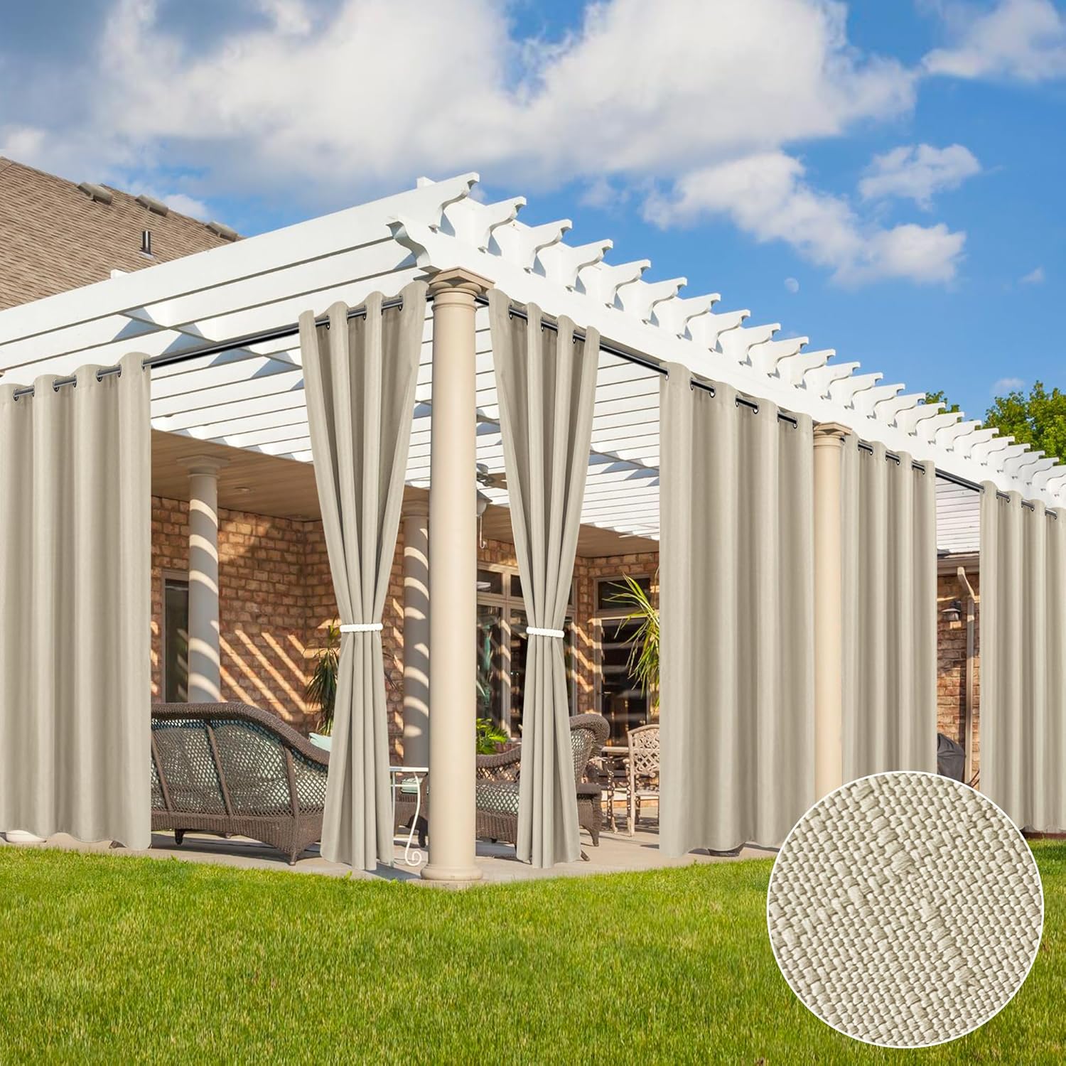 HolidayIdeas 4 Panels Linen Outdoor Curtains for Patio Waterproof Taupe Outside Curtains 108 inch Long-Gazebo Curtains Weighted Weatherproof, Privacy for Pergola, Porch, Living Room, Bedroom 54"x108"