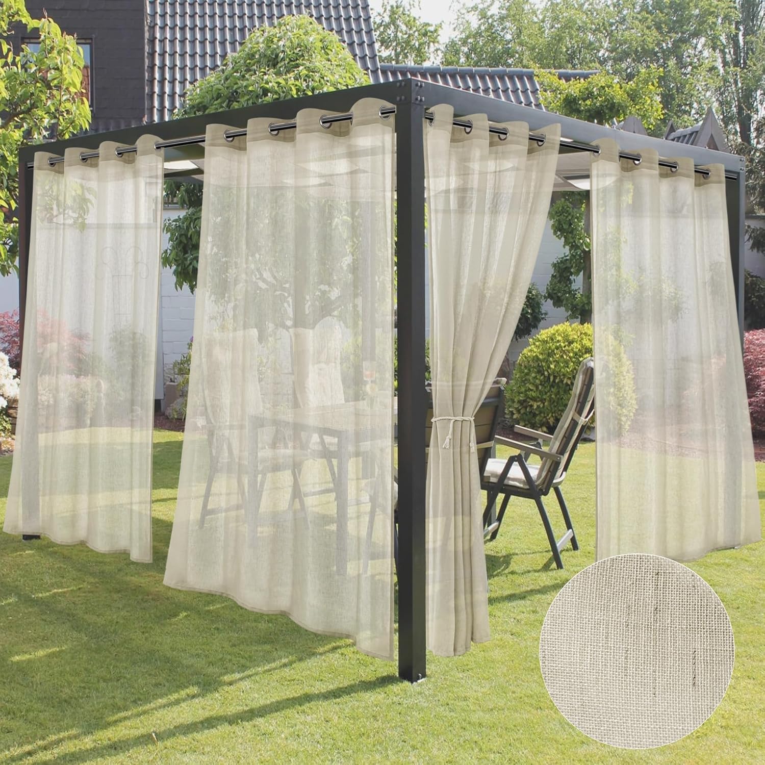 HolidayIdeas 4 Panels Outdoor Sheer Curtains for Patio Waterproof-Ivory Linen Semi Voile Indoor Sheer Curtains, Light Filtering Privacy Drapes for Living Room, Gazebo, Porch, Balcony, Pool 54"x84"