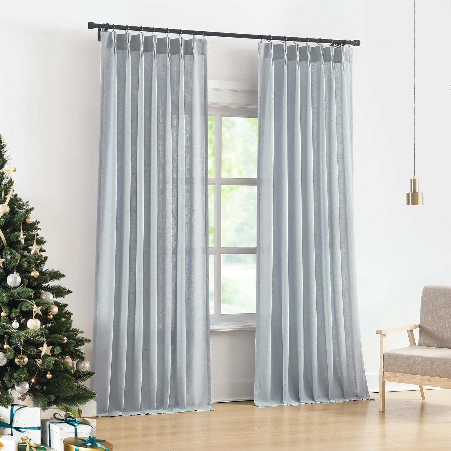 Vision Home Natural Pinch Pleated Semi Sheer Curtains Textured Linen Blended Light Filtering Window Curtains 84 inch for Living Room Bedroom Pinch Pleat Drapes with Hooks 2 Panels 42" Wx84 L