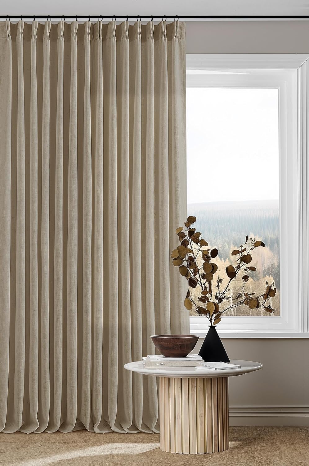 Natural Pinch Pleated Linen Curtains 84 Inch Length 2 Panels for Living Room Bedroom Textured Cream Ivory Birch Semi Sheer Boho Neutral Back Tab Pinch Pleat Hooks Rings Window Curtain 84 Inches Long