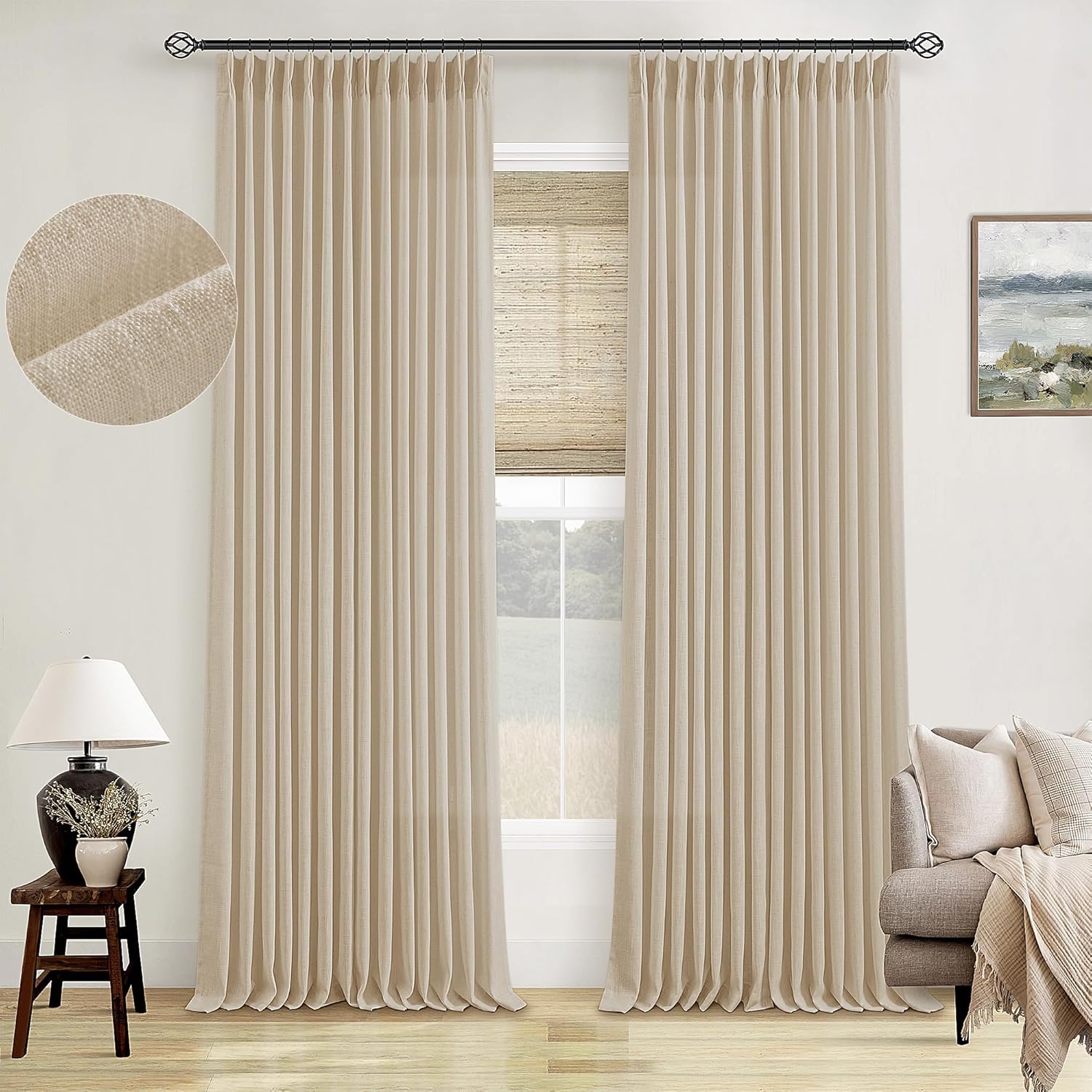 Natural Pinch Pleated Linen Curtains 84 Inch Length 2 Panels for Living Room Bedroom Textured Cream Ivory Birch Semi Sheer Boho Neutral Back Tab Pinch Pleat Hooks Rings Window Curtain 84 Inches Long