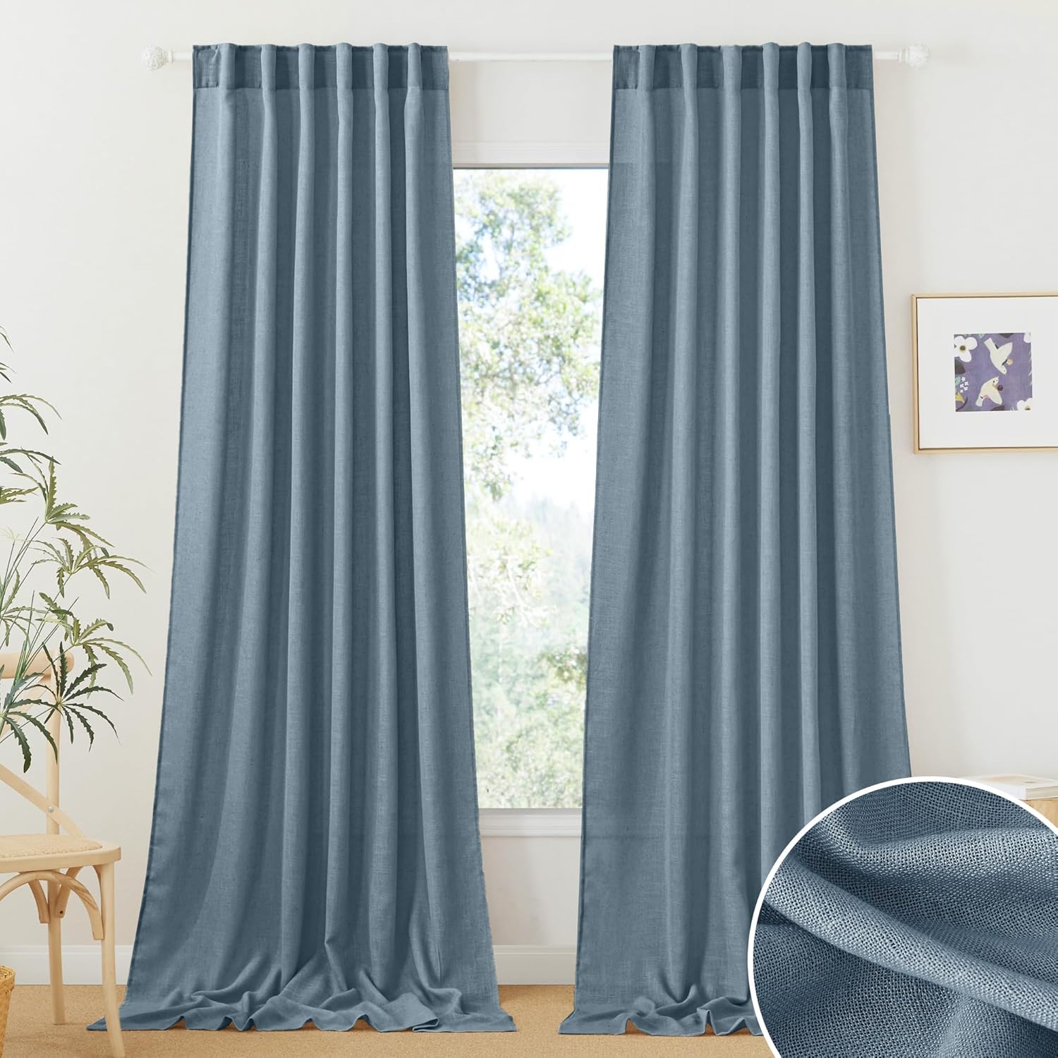 RYB HOME Linen Texture Sheer Curtains 84 inches, Rustic Style Solid Semi Sheer Half Privacy Drapes for Farmhouse Dorm Office Dining, Linen, W 70 x L 84 inches, Set of 2