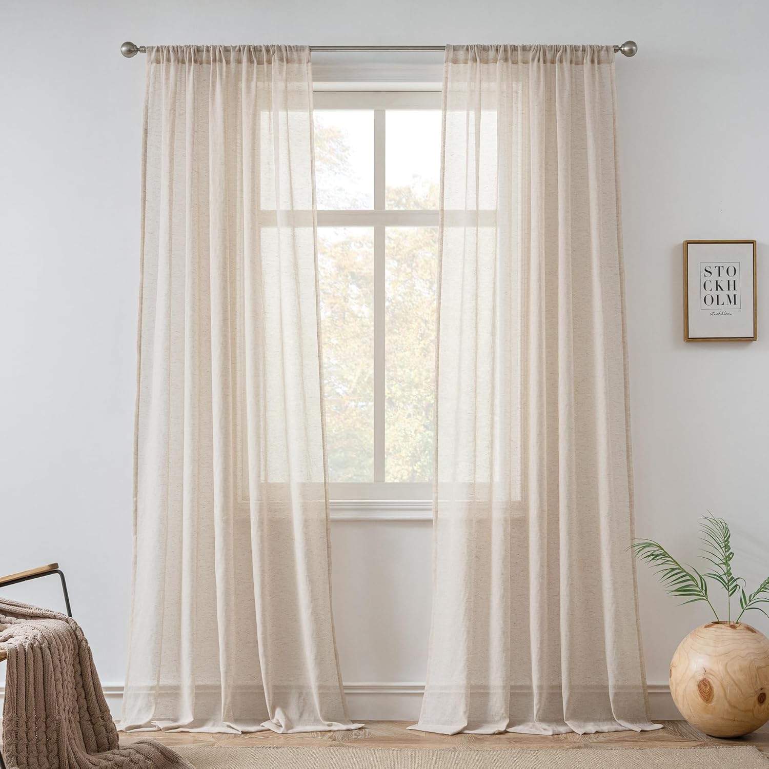 FMFUNCTEX Linen Sheer Pinch Pleated Curtains for Living Room, Linen Flax Beige 96 Inches Long Sheer Curtain Panels for Bedroom, Natural Back Tab Window Drapes for Farmhouse, Rod Pocket 2 Panels