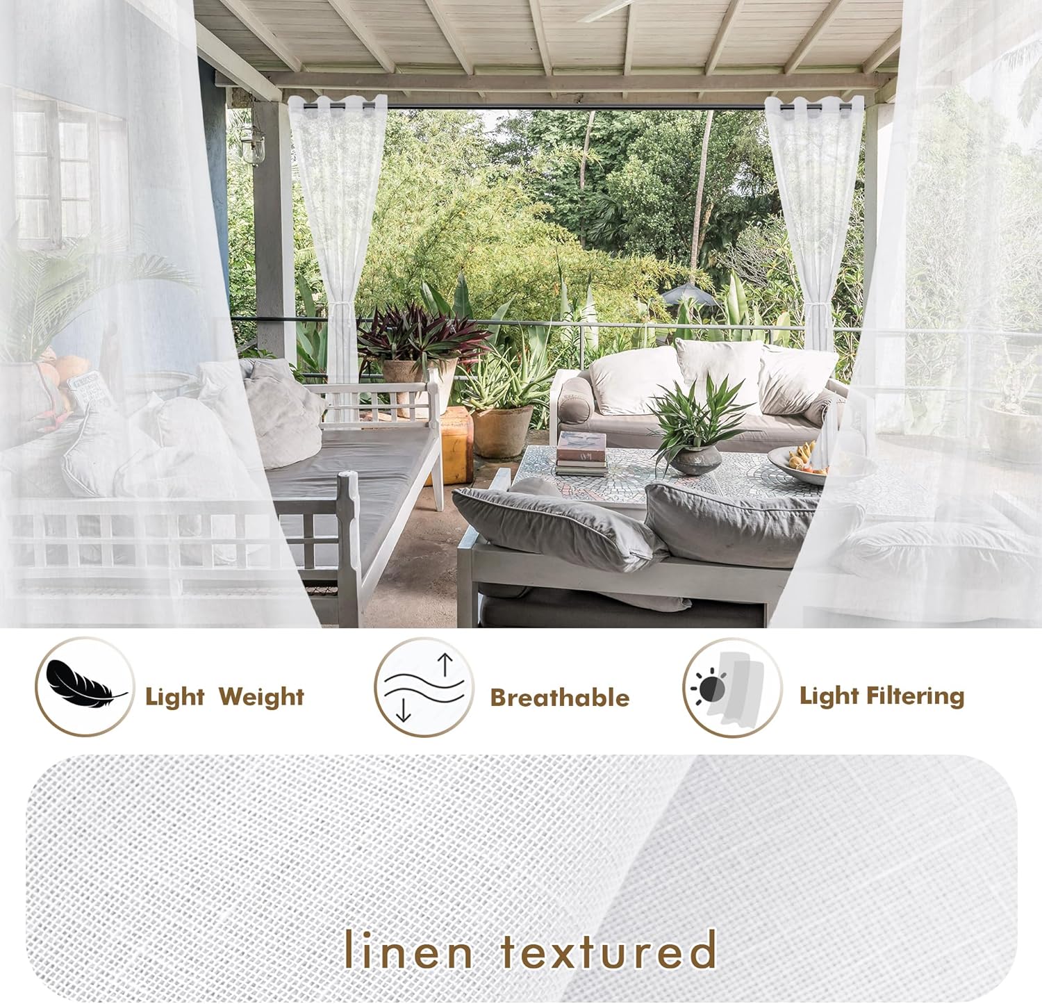 HolidayIdeas 4 Panels Outdoor Curtains for Patio-Linen Semi White Sheer Curtains for Patio Waterproof, Privacy Sun Light Indoor Outside Drapes for Gazebo, Pergola, Balcony, Pool, Backyard 54x95 Inch