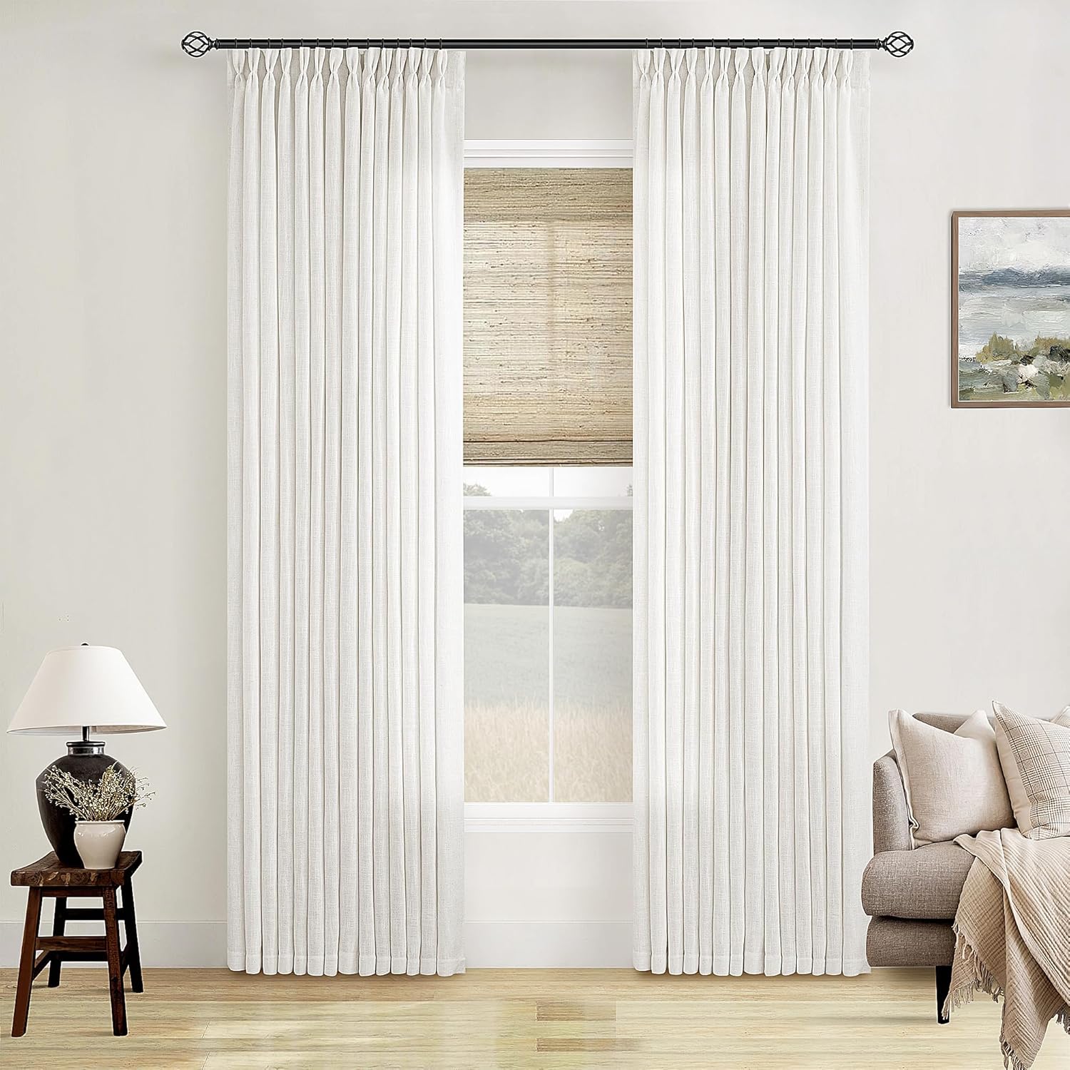 Natural Pinch Pleated Linen Curtains 84 Inch Length 2 Panels for Living Room Bedroom Textured Cream Ivory Birch Semi Sheer Boho Neutral Back Tab Pinch Pleat Hooks Rings Window Curtain 84 Inches Long