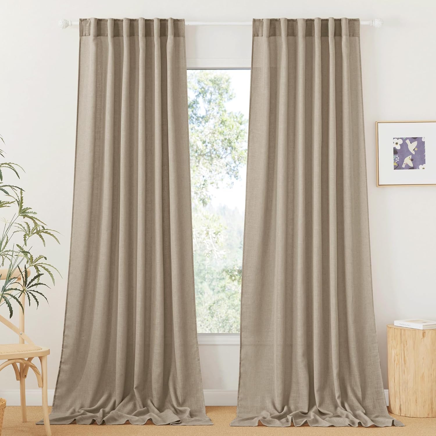 RYB HOME Linen Texture Sheer Curtains 84 inches, Rustic Style Solid Semi Sheer Half Privacy Drapes for Farmhouse Dorm Office Dining, Linen, W 70 x L 84 inches, Set of 2