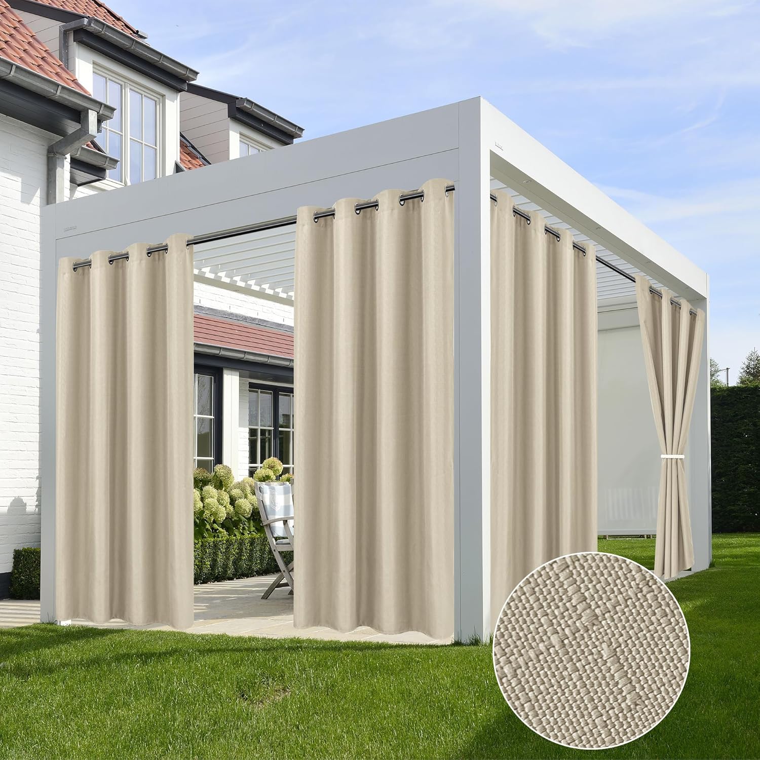 HolidayIdeas 4 Panels Linen Outdoor Curtains for Patio Waterproof Taupe Outside Curtains 108 inch Long-Gazebo Curtains Weighted Weatherproof, Privacy for Pergola, Porch, Living Room, Bedroom 54"x108"