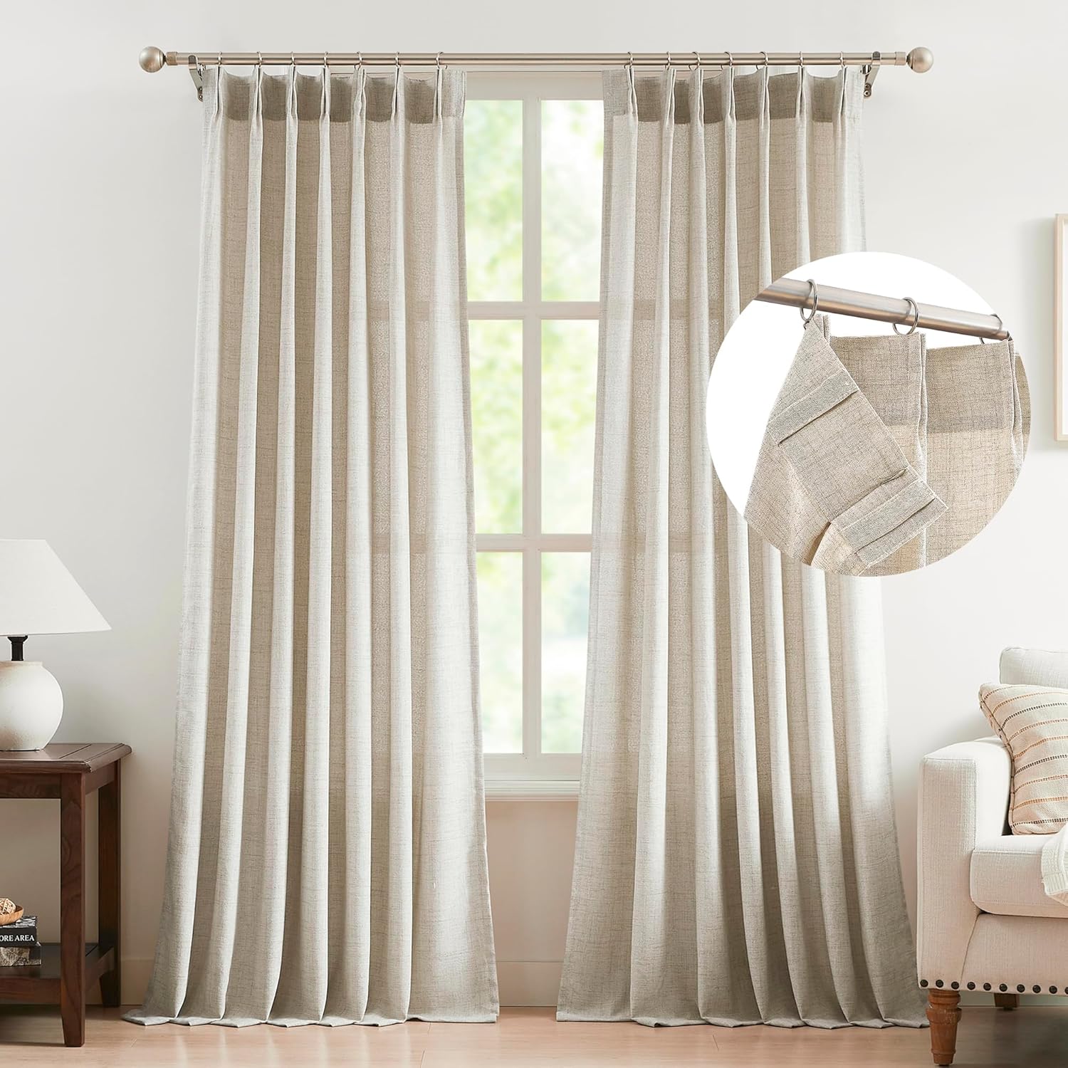 FMFUNCTEX Linen Sheer Pinch Pleated Curtains for Living Room, Linen Flax Beige 96 Inches Long Sheer Curtain Panels for Bedroom, Natural Back Tab Window Drapes for Farmhouse, Rod Pocket 2 Panels