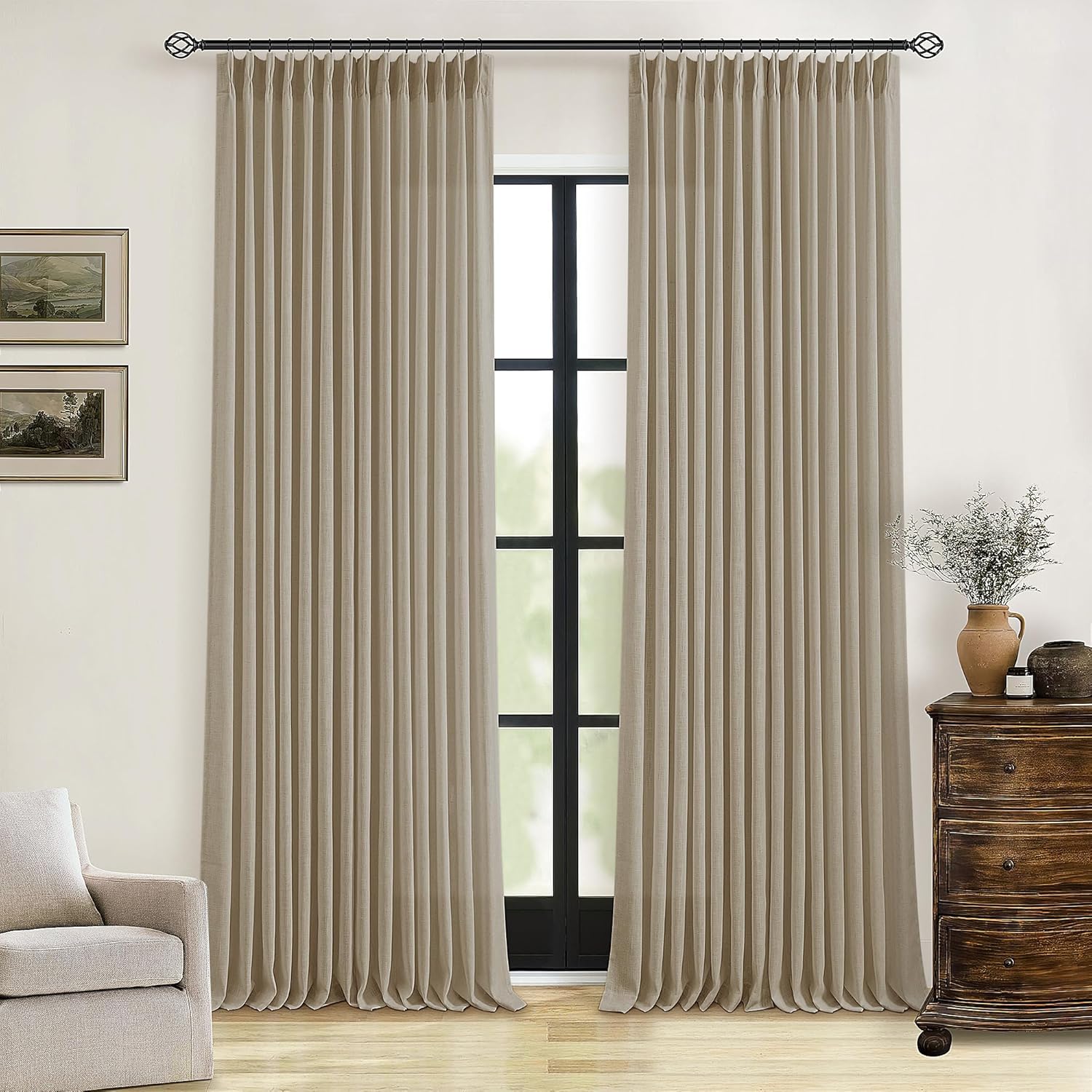 Natural Pinch Pleated Linen Curtains 84 Inch Length 2 Panels for Living Room Bedroom Textured Cream Ivory Birch Semi Sheer Boho Neutral Back Tab Pinch Pleat Hooks Rings Window Curtain 84 Inches Long