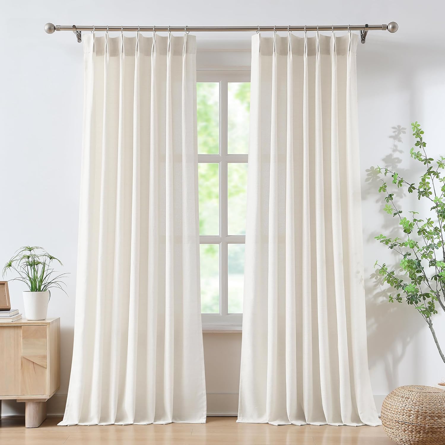 FMFUNCTEX Linen Sheer Pinch Pleated Curtains for Living Room, Linen Flax Beige 96 Inches Long Sheer Curtain Panels for Bedroom, Natural Back Tab Window Drapes for Farmhouse, Rod Pocket 2 Panels