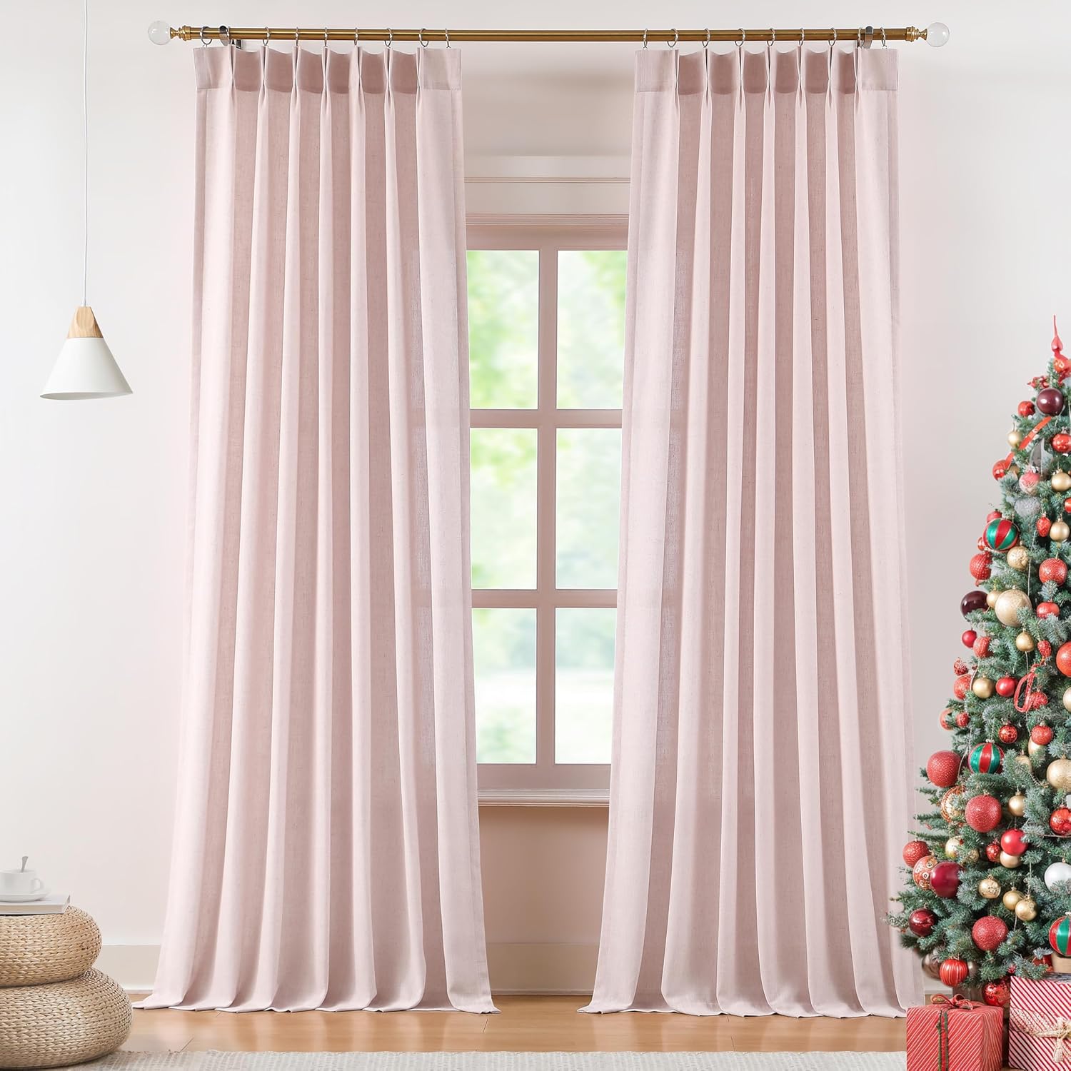 Vision Home Natural Pinch Pleated Semi Sheer Curtains Textured Linen Blended Light Filtering Window Curtains 84 inch for Living Room Bedroom Pinch Pleat Drapes with Hooks 2 Panels 42" Wx84 L
