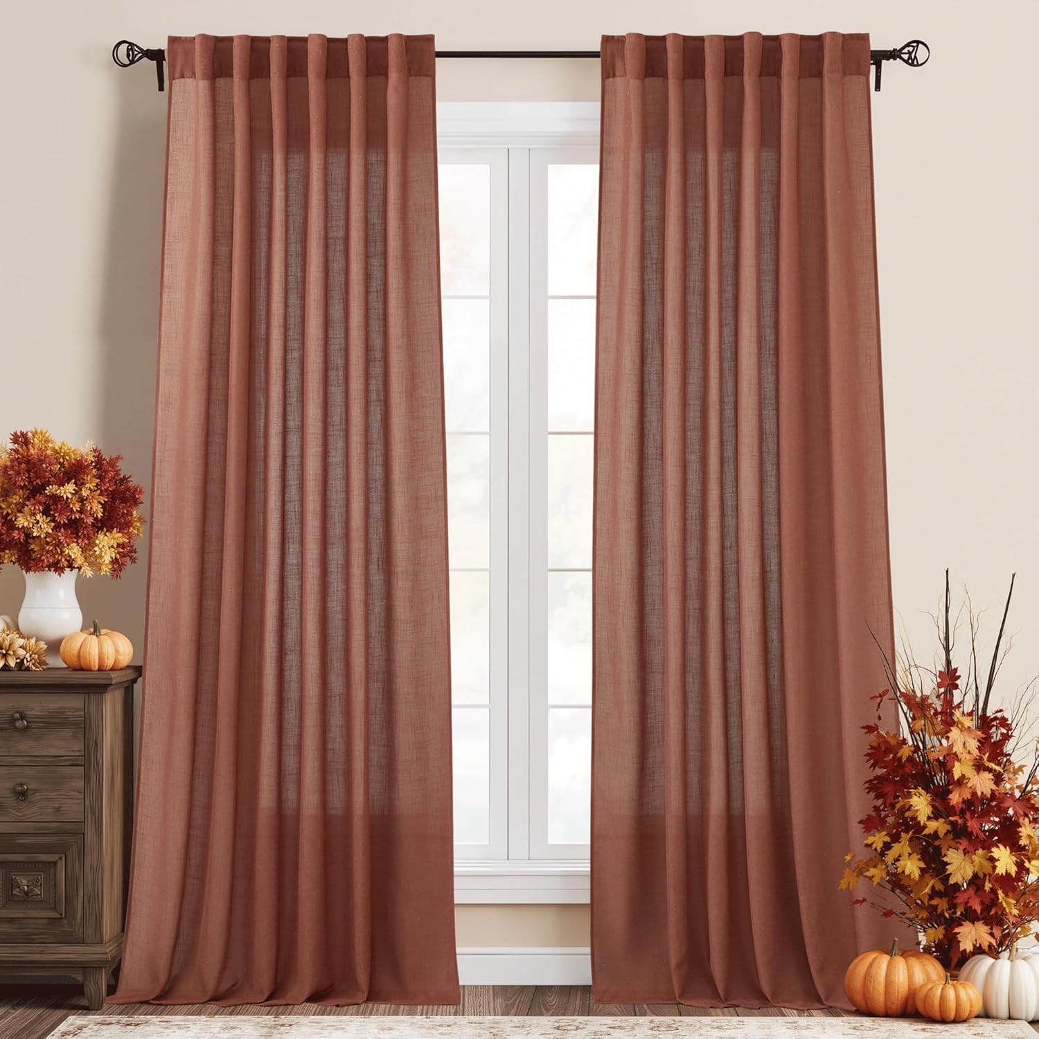 RYB HOME Linen Texture Sheer Curtains 84 inches, Rustic Style Solid Semi Sheer Half Privacy Drapes for Farmhouse Dorm Office Dining, Linen, W 70 x L 84 inches, Set of 2