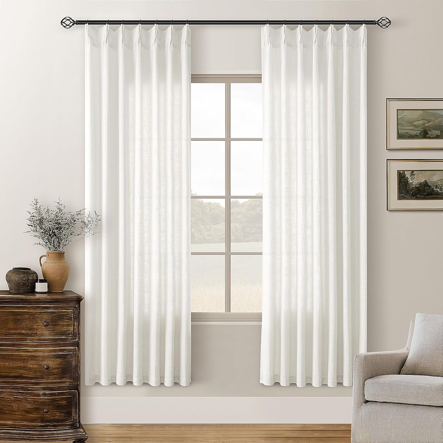 Natural Pinch Pleated Linen Curtains 84 Inch Length 2 Panels for Living Room Bedroom Textured Cream Ivory Birch Semi Sheer Boho Neutral Back Tab Pinch Pleat Hooks Rings Window Curtain 84 Inches Long