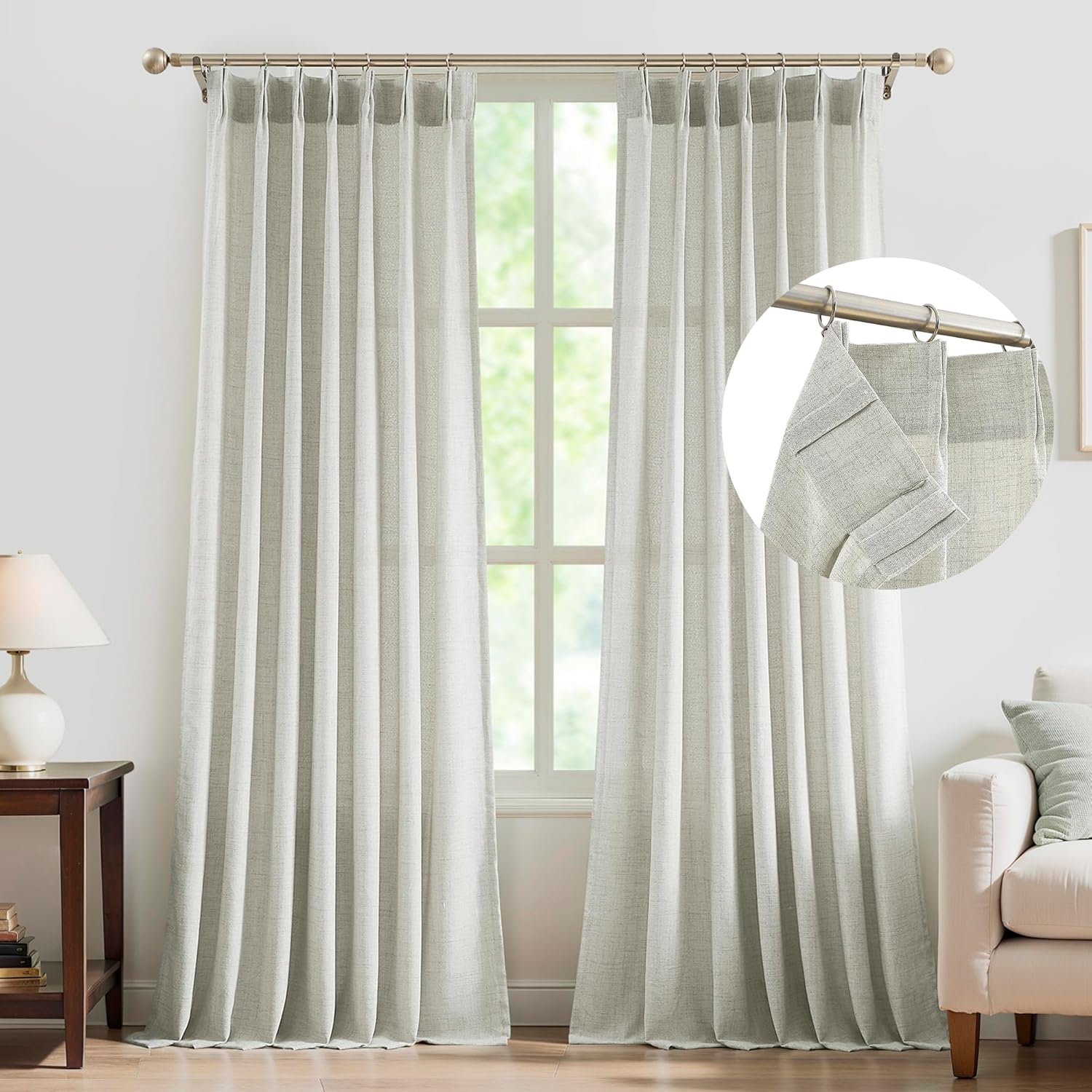 FMFUNCTEX Linen Sheer Pinch Pleated Curtains for Living Room, Linen Flax Beige 96 Inches Long Sheer Curtain Panels for Bedroom, Natural Back Tab Window Drapes for Farmhouse, Rod Pocket 2 Panels