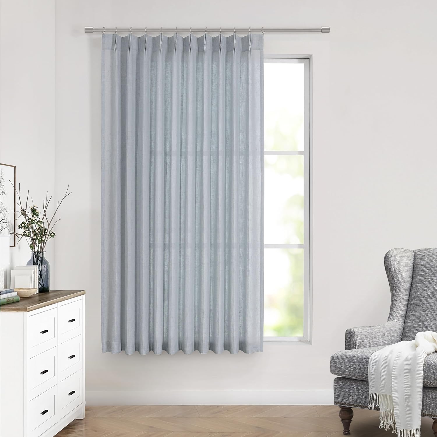 Vision Home Natural Pinch Pleated Semi Sheer Curtains Textured Linen Blended Light Filtering Window Curtains 84 inch for Living Room Bedroom Pinch Pleat Drapes with Hooks 2 Panels 42" Wx84 L