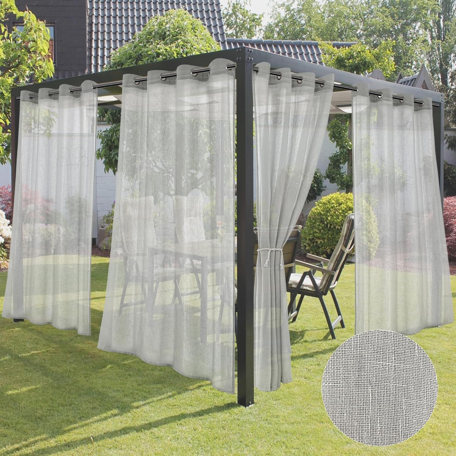 HolidayIdeas 4 Panels Outdoor Sheer Curtains for Patio Waterproof-Ivory Linen Semi Voile Indoor Sheer Curtains, Light Filtering Privacy Drapes for Living Room, Gazebo, Porch, Balcony, Pool 54"x84"