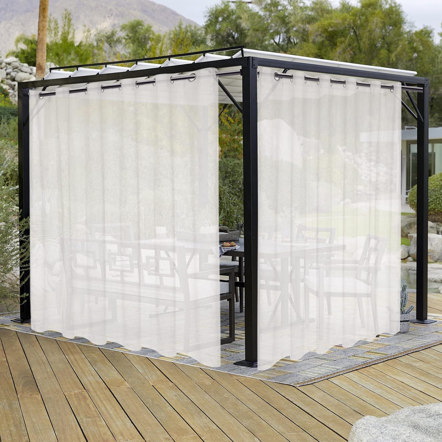 LORDTEX Burlap Linen Look Outdoor Curtains for Patio - 2 Panels Waterproof Sheer Curtains for Pergola, Porch, Cabana and Gazebo Grommet Indoor/Outdoor Voile Sheer Drapes (100 x 120 inch, Ivory)