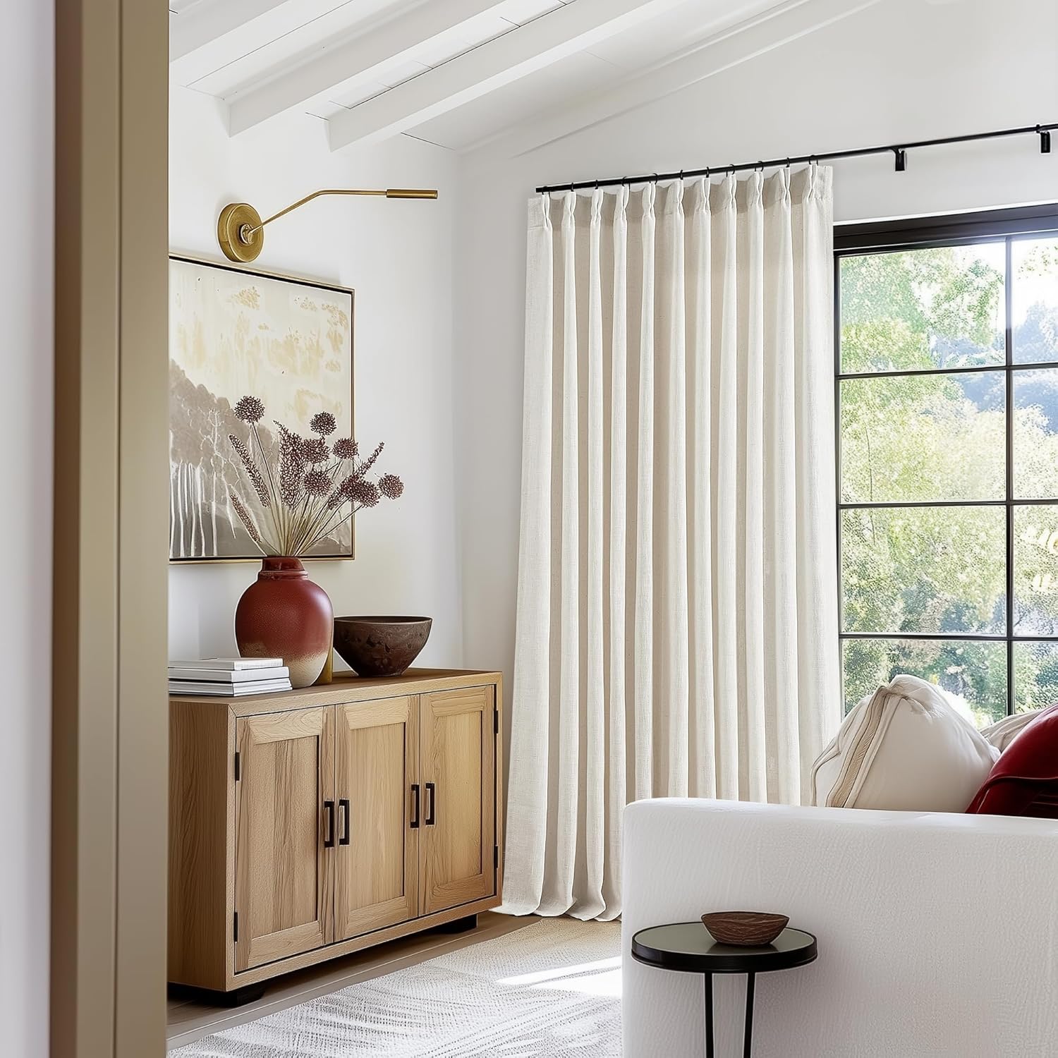 Natural Pinch Pleated Linen Curtains 84 Inch Length 2 Panels for Living Room Bedroom Textured Cream Ivory Birch Semi Sheer Boho Neutral Back Tab Pinch Pleat Hooks Rings Window Curtain 84 Inches Long