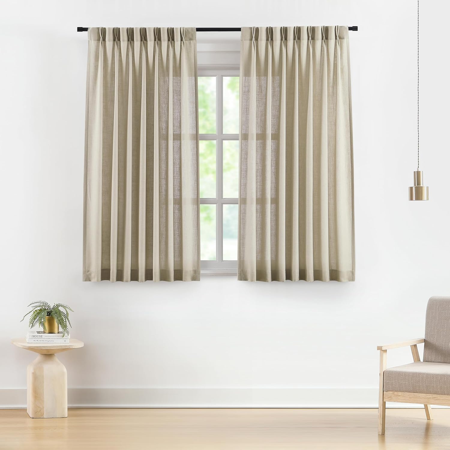 Vision Home Natural Pinch Pleated Semi Sheer Curtains Textured Linen Blended Light Filtering Window Curtains 84 inch for Living Room Bedroom Pinch Pleat Drapes with Hooks 2 Panels 42" Wx84 L